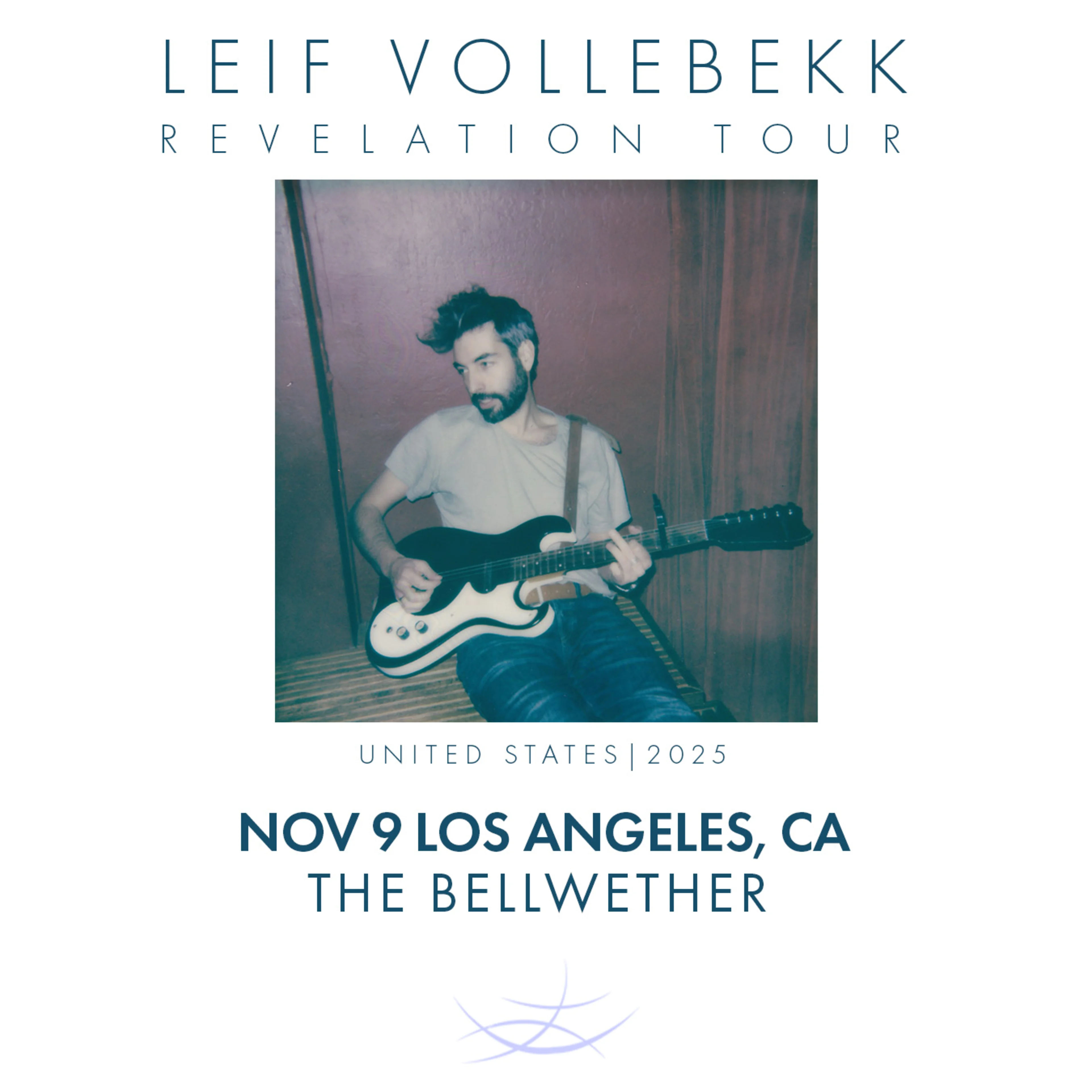 Musician playing electric guitar in vintage-style photo with text announcing Leif Vollebekk Revelation Tour, Nov 9 Los Angeles at The Bellwether