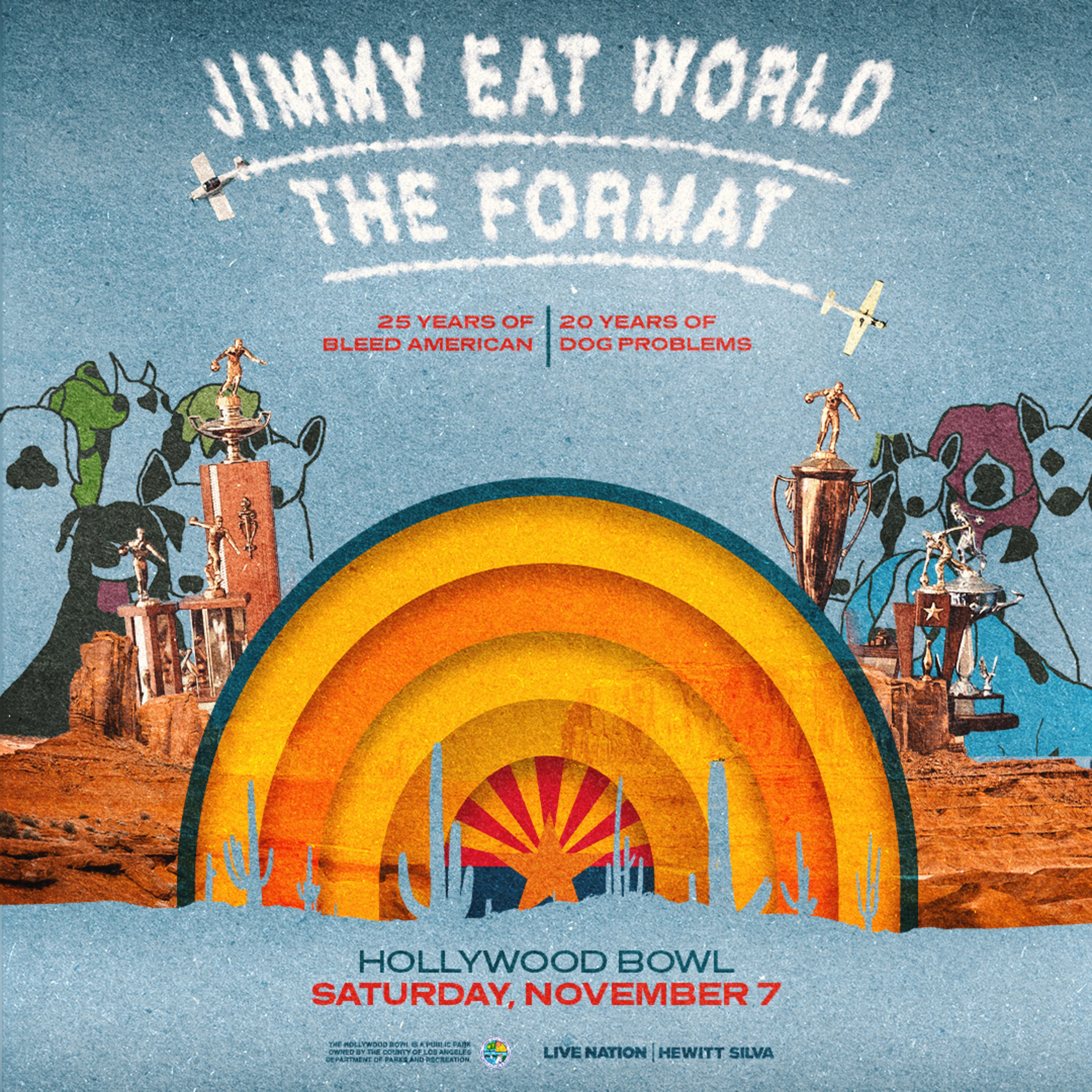 Concert poster for Jimmy Eat World and The Format at Hollywood Bowl, Saturday November 7, featuring desert imagery and trophies.