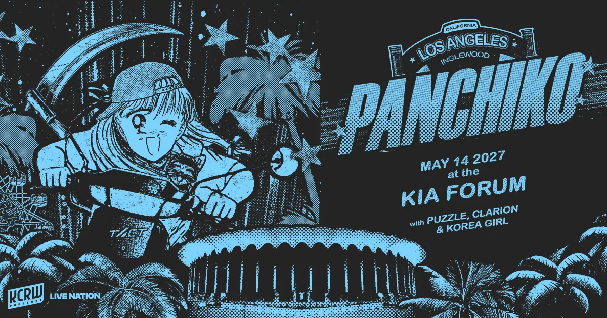Panchiko concert poster in blue and black featuring anime artwork, Los Angeles Kia Forum, May 14 2027.