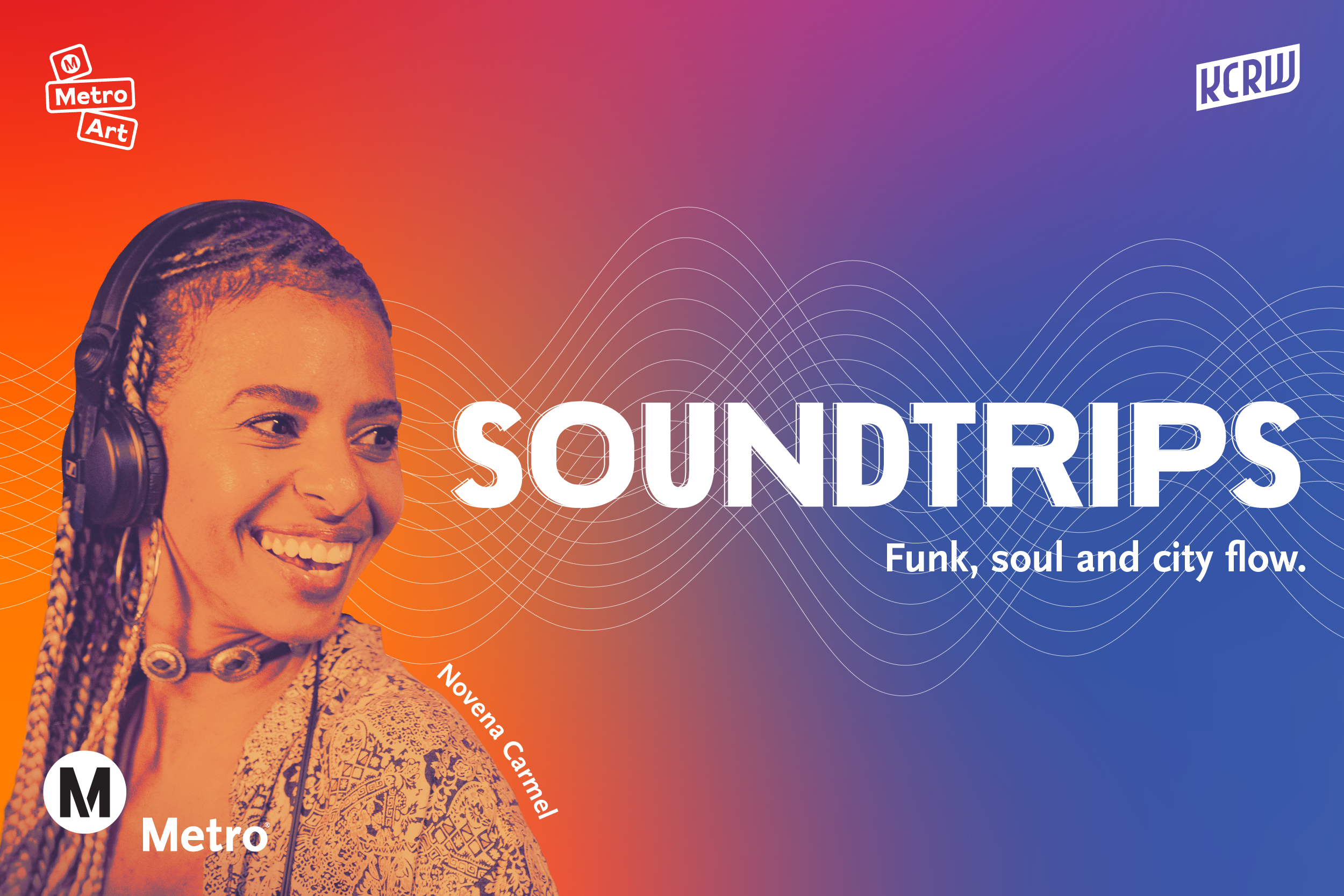 Person wearing headphones on vibrant orange-to-blue gradient background with "SOUNDTRIPS" text and "Funk, soul and city flow" tagline.
