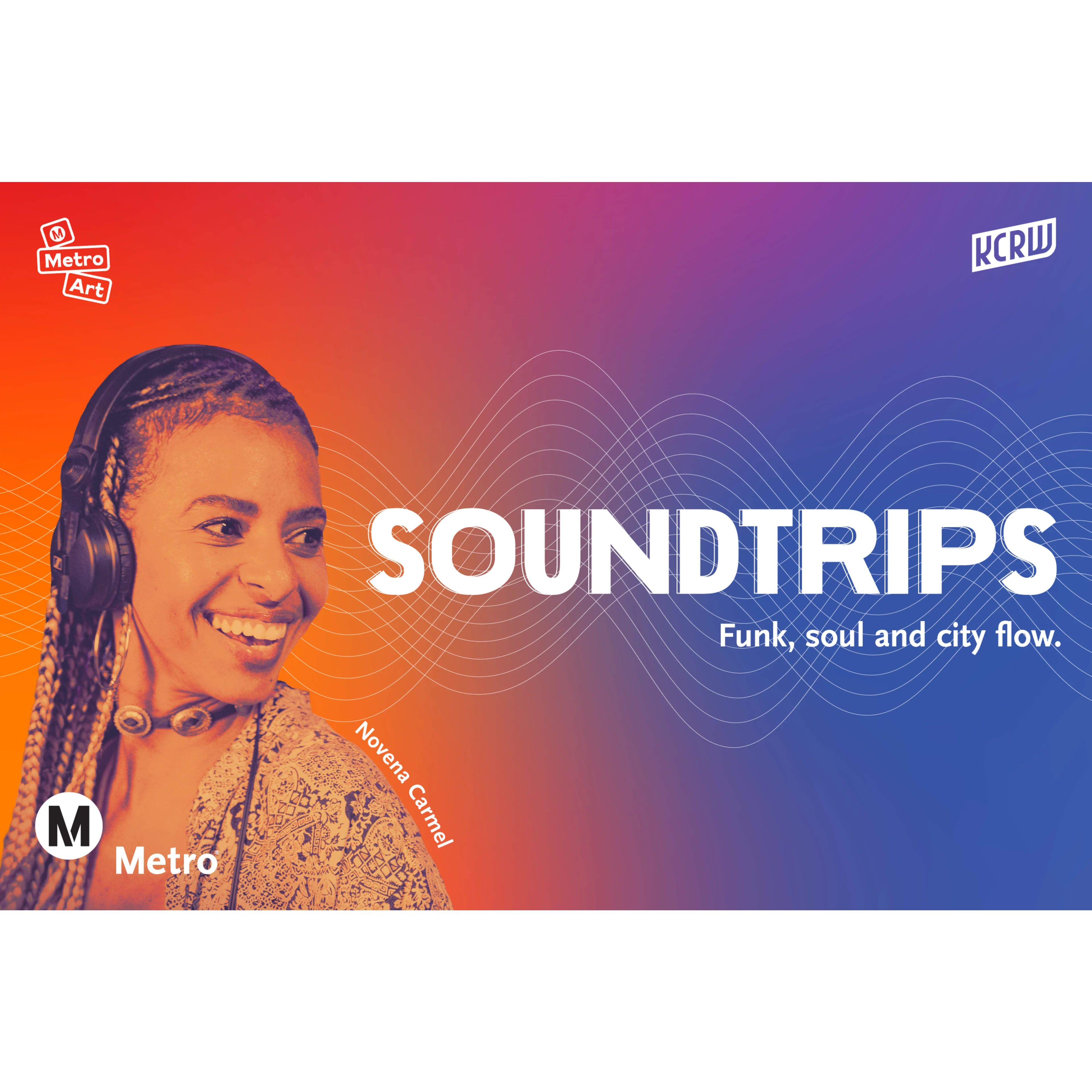 Person wearing headphones on vibrant orange-to-blue gradient background with "SOUNDTRIPS" text and "Funk, soul and city flow" tagline.