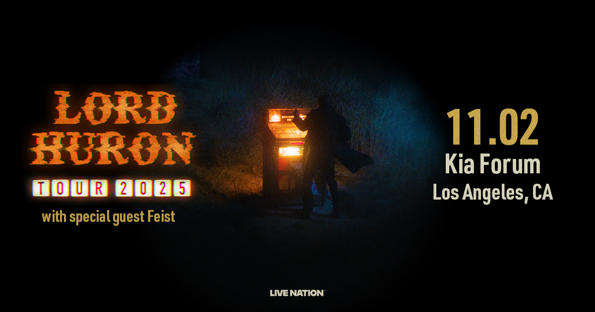 Lord Huron Tour 2025 concert poster with silhouette entering illuminated doorway, performing at Kia Forum in Los Angeles on 11.02