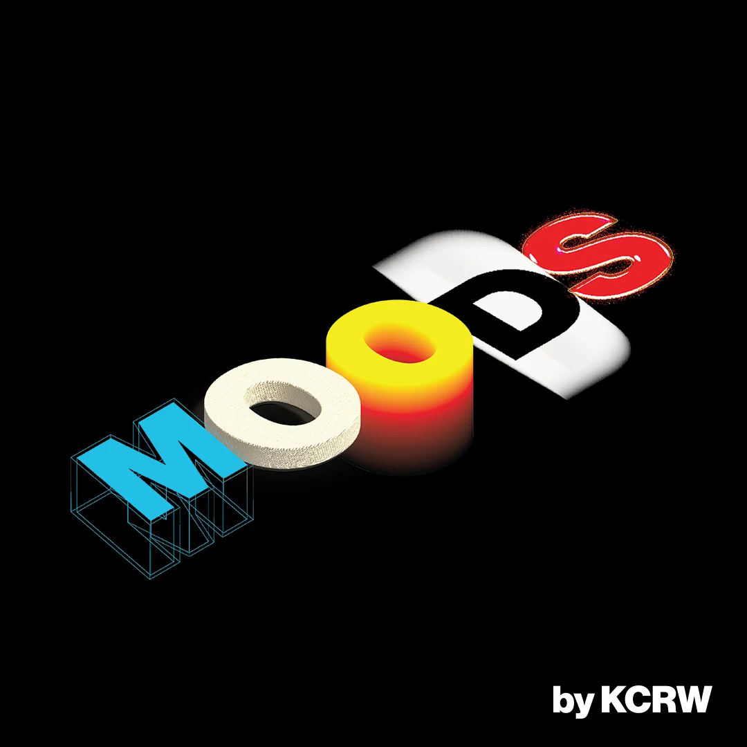 Colorful 3D stylized text spelling MOODS on a black background with by KCRW in white text below.