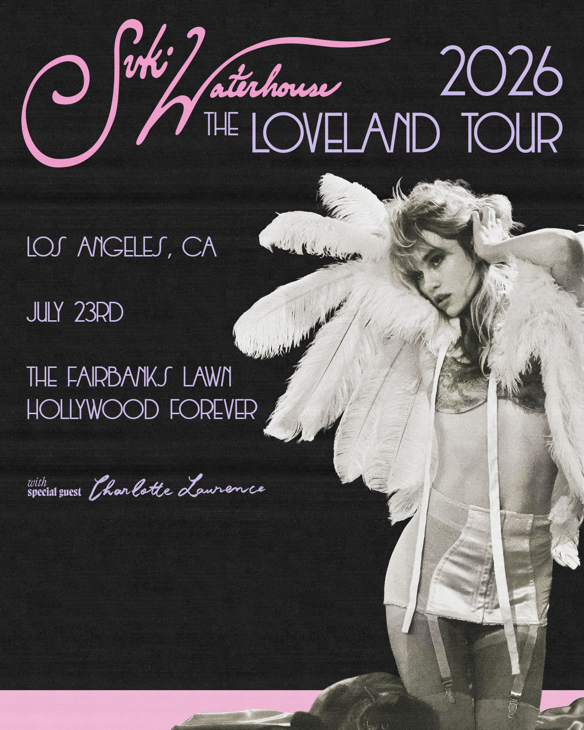 Suki Waterhouse Loveland Tour 2026 concert poster featuring a woman in feathered wings, Los Angeles, July 23rd.