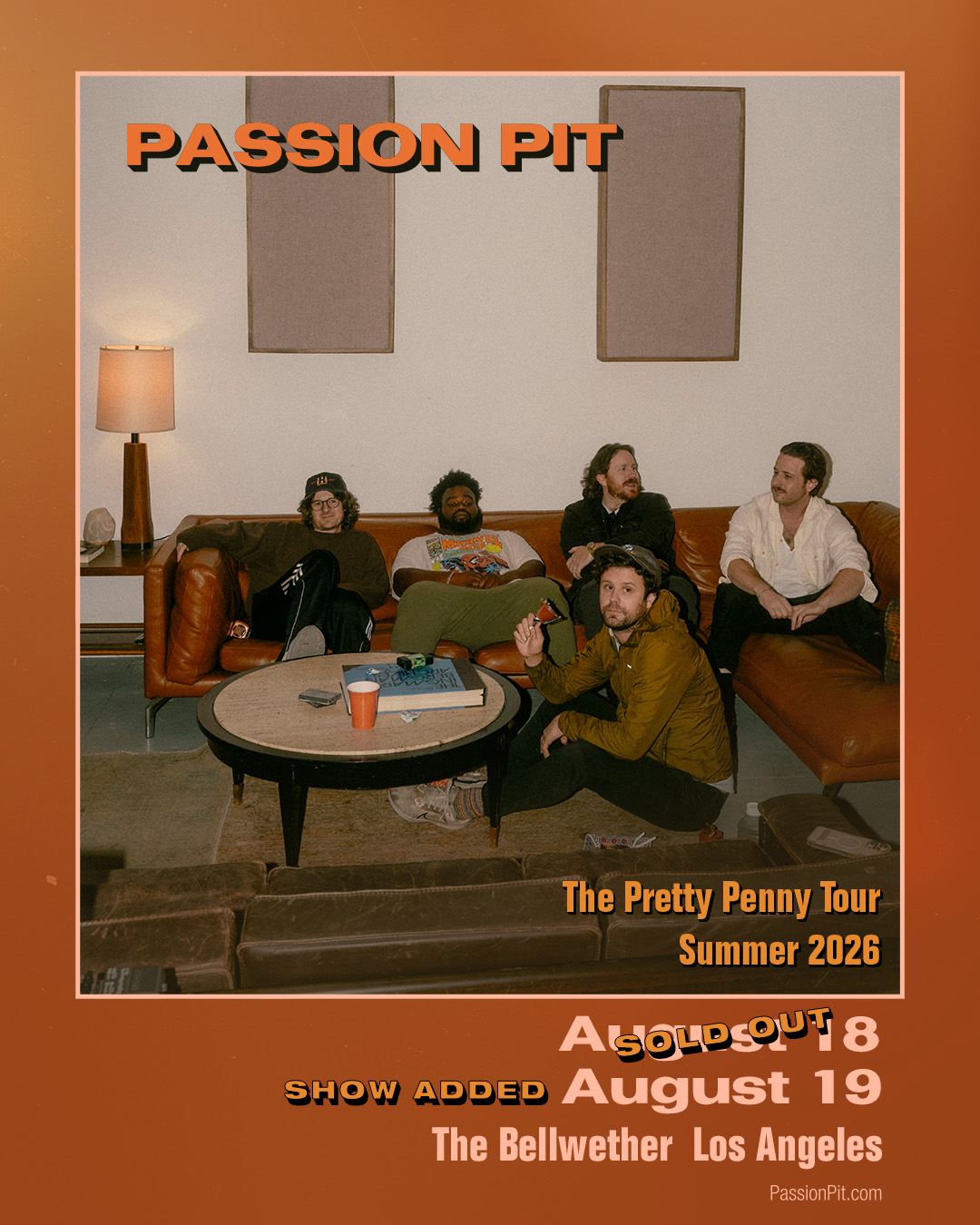 Passion Pit Pretty Penny Tour poster showing the five members of the band on a brown couch, August 18-19 at The Bellwether, Los Angeles.