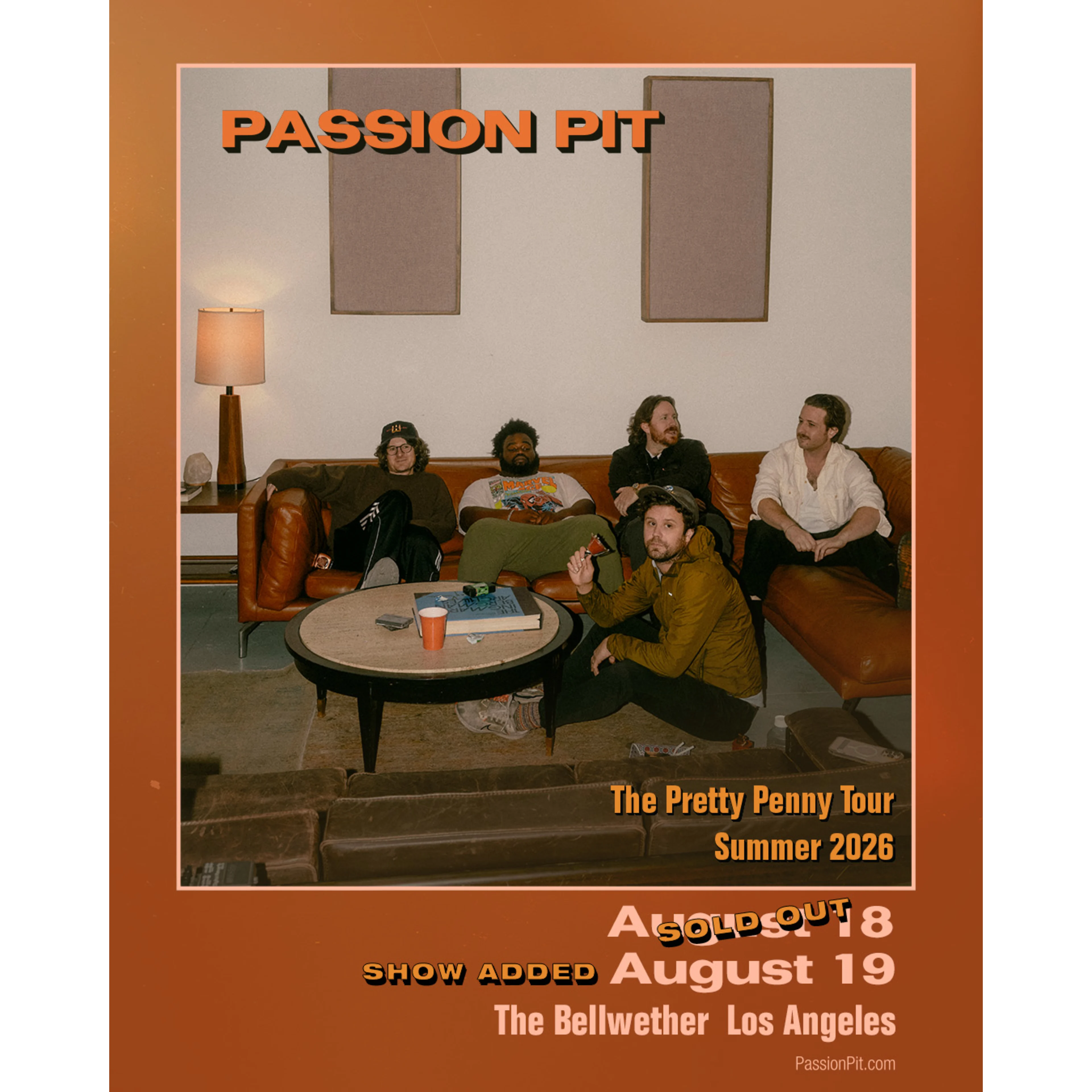 Passion Pit Pretty Penny Tour poster showing the five members of the band on a brown couch, August 18-19 at The Bellwether, Los Angeles.
