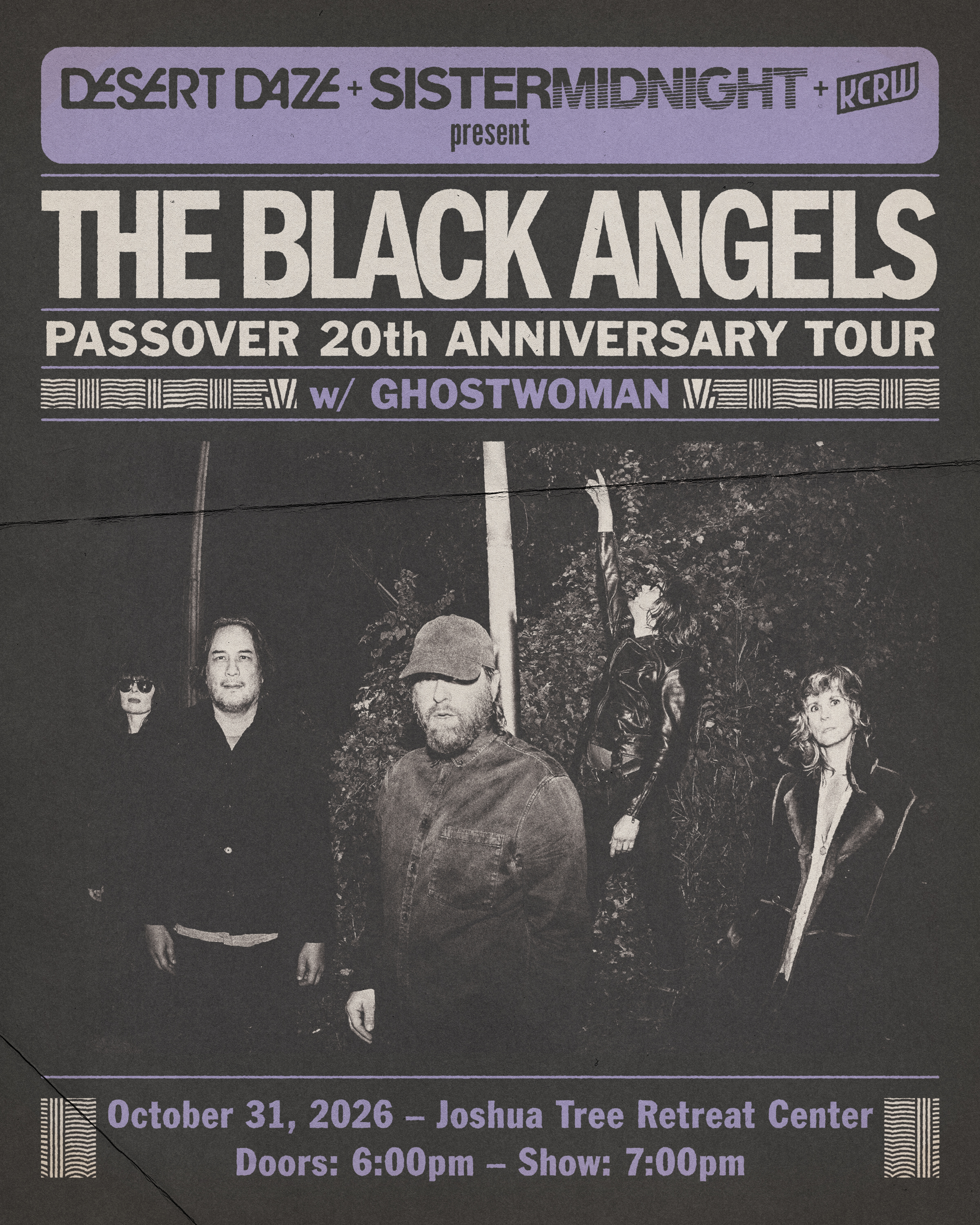 Concert poster for The Black Angels Passover 20th Anniversary Tour on October 31, 2026, at Joshua Tree Retreat Center.