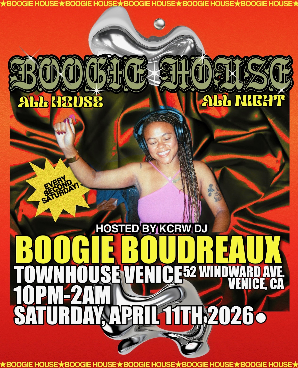 DJ Boogie Boudreaux wearing headphones dancing at Boogie House event poster with orange background, happening April 11th, 2026 in Venice.