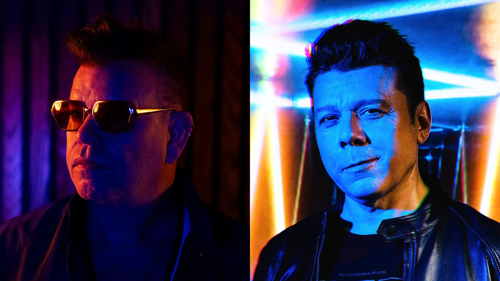 Two men posed separately against colorful neon lights; one wears sunglasses in shadow, the other is lit in blue tones.