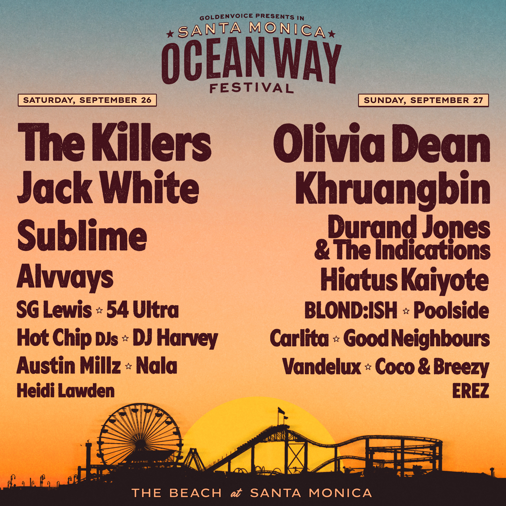 Santa Monica Ocean Way Festival poster featuring lineup for September 26-27, with a sunset pier silhouette background.