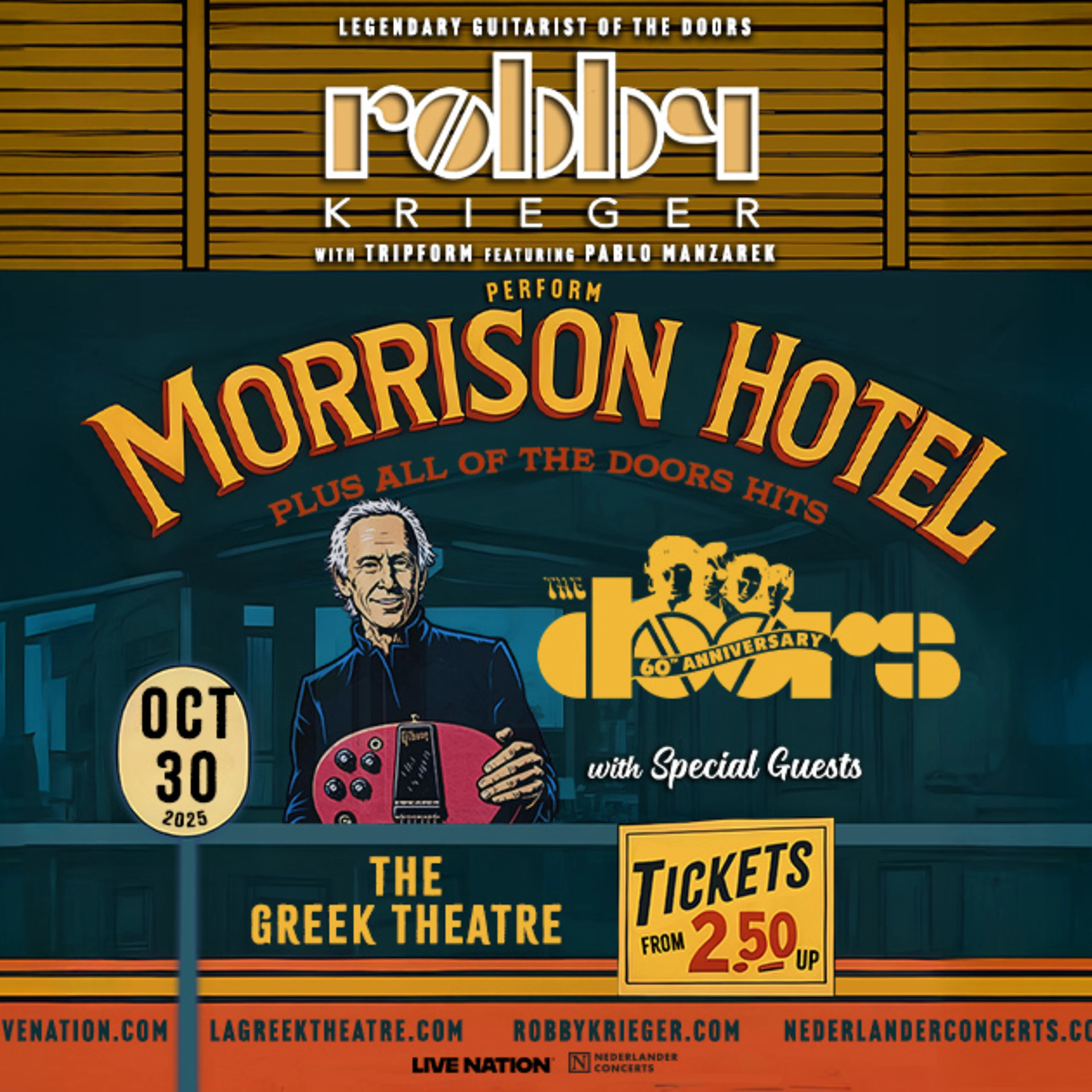 Concert poster for Robby Krieger performing Morrison Hotel and Doors hits at The Greek Theatre on Oct 30, 2023.