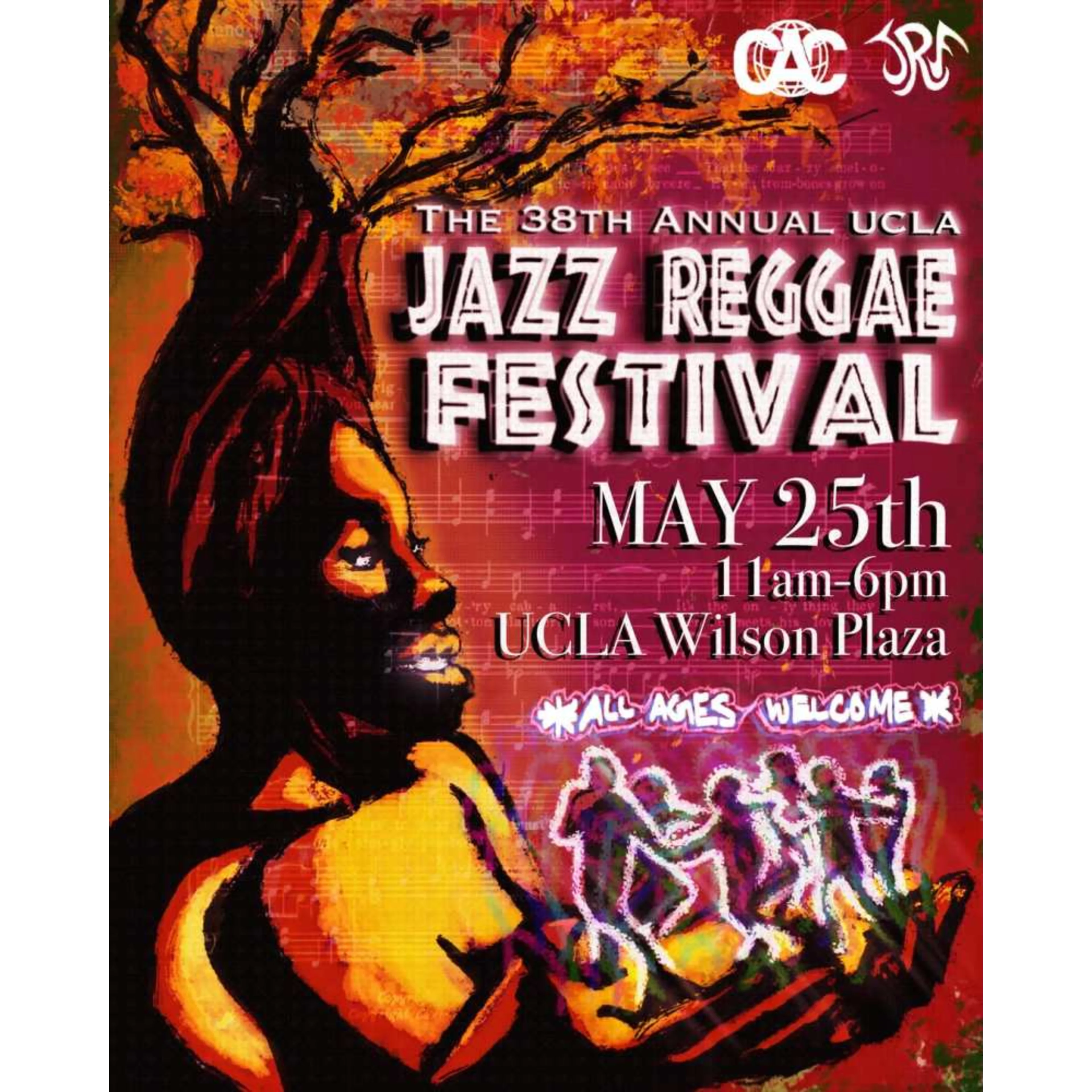 Colorful poster for the 38th Annual UCLA Jazz Reggae Festival, May 25th, 11am-6pm, Wilson Plaza. All ages welcome.