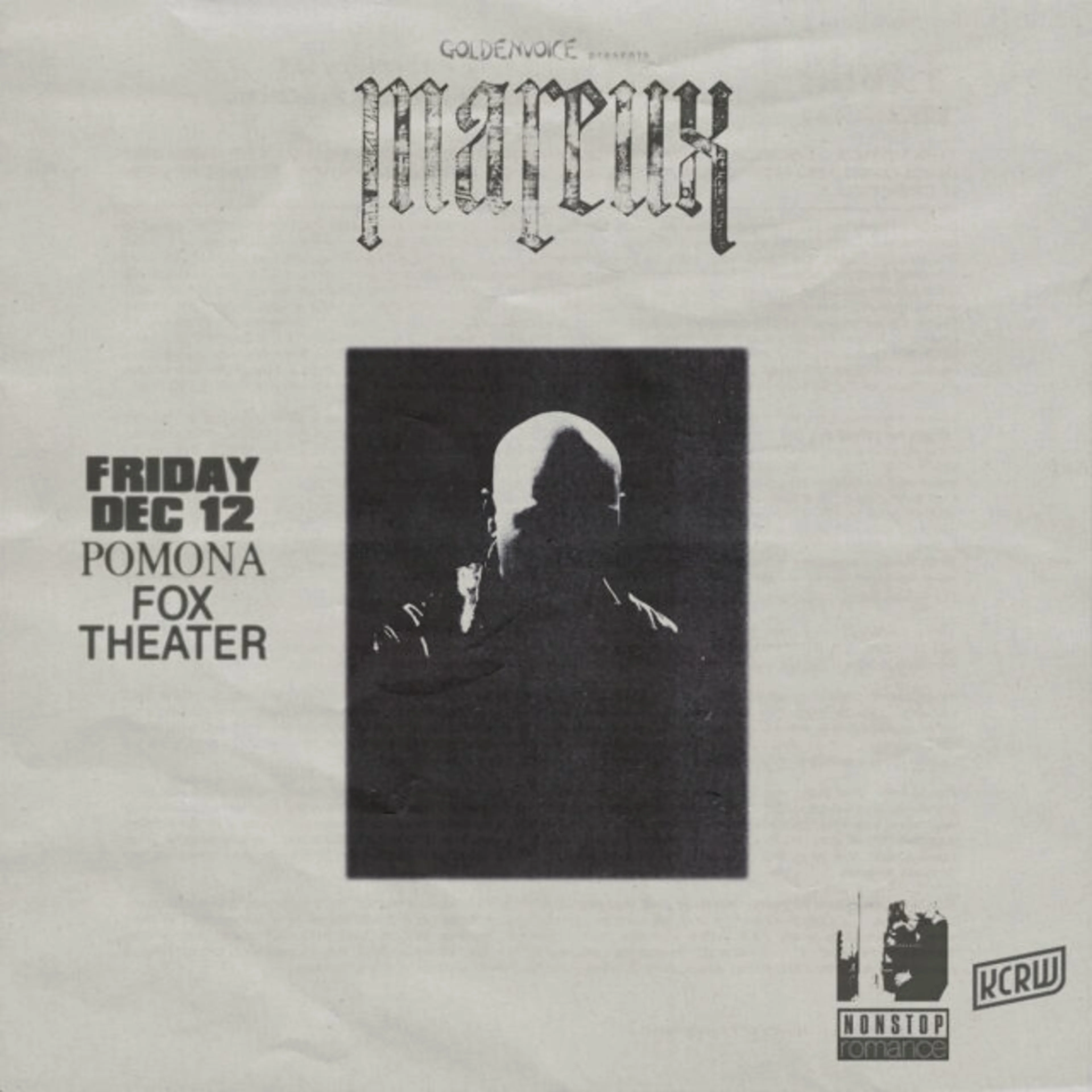 Vintage concert flyer for Matrix at Pomona Fox Theater on Friday Dec 12, featuring a silhouette figure in black and white.