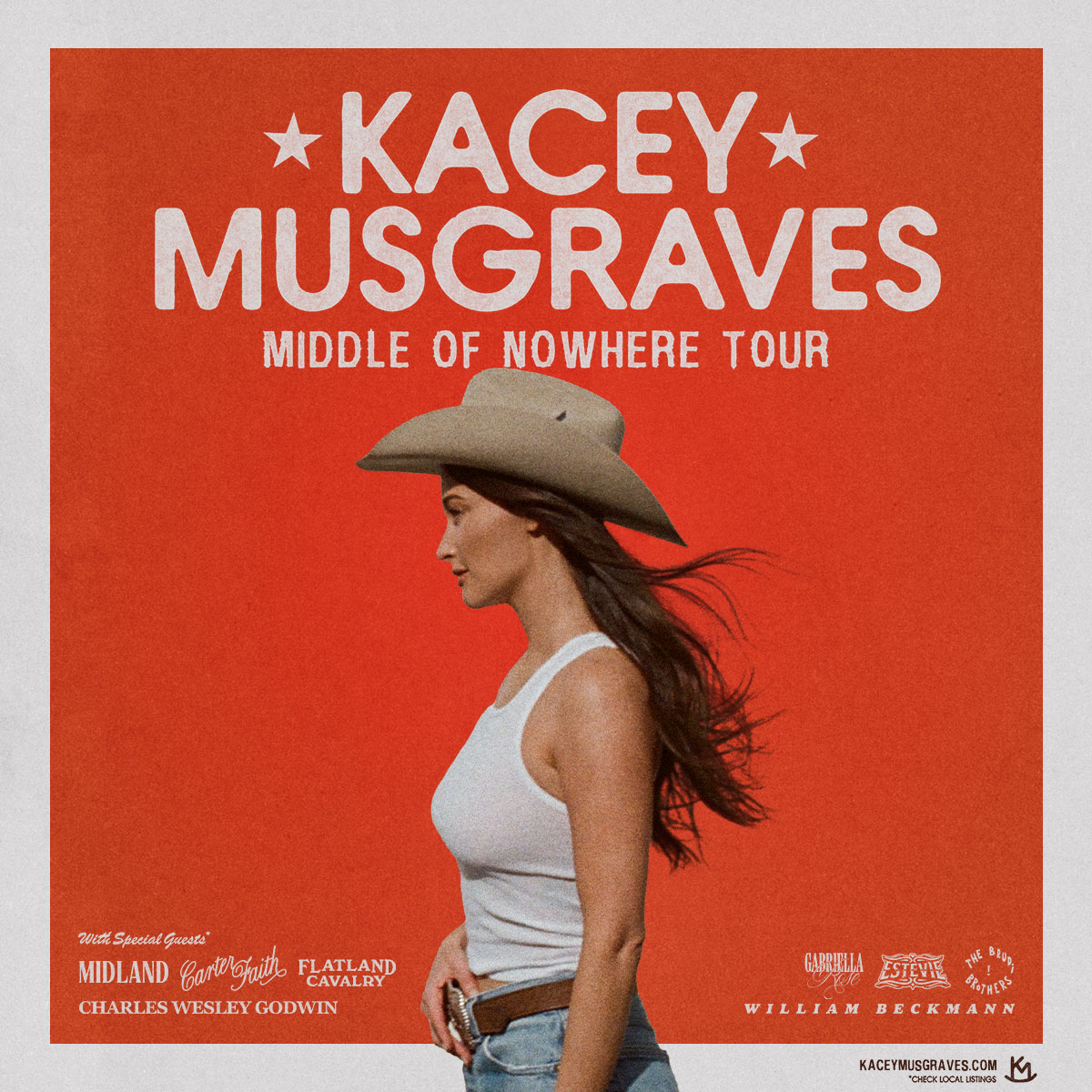 Kacey Musgraves Middle of Nowhere Tour poster featuring Kacey Musgraves in a cowboy hat and white tank top on a red background.