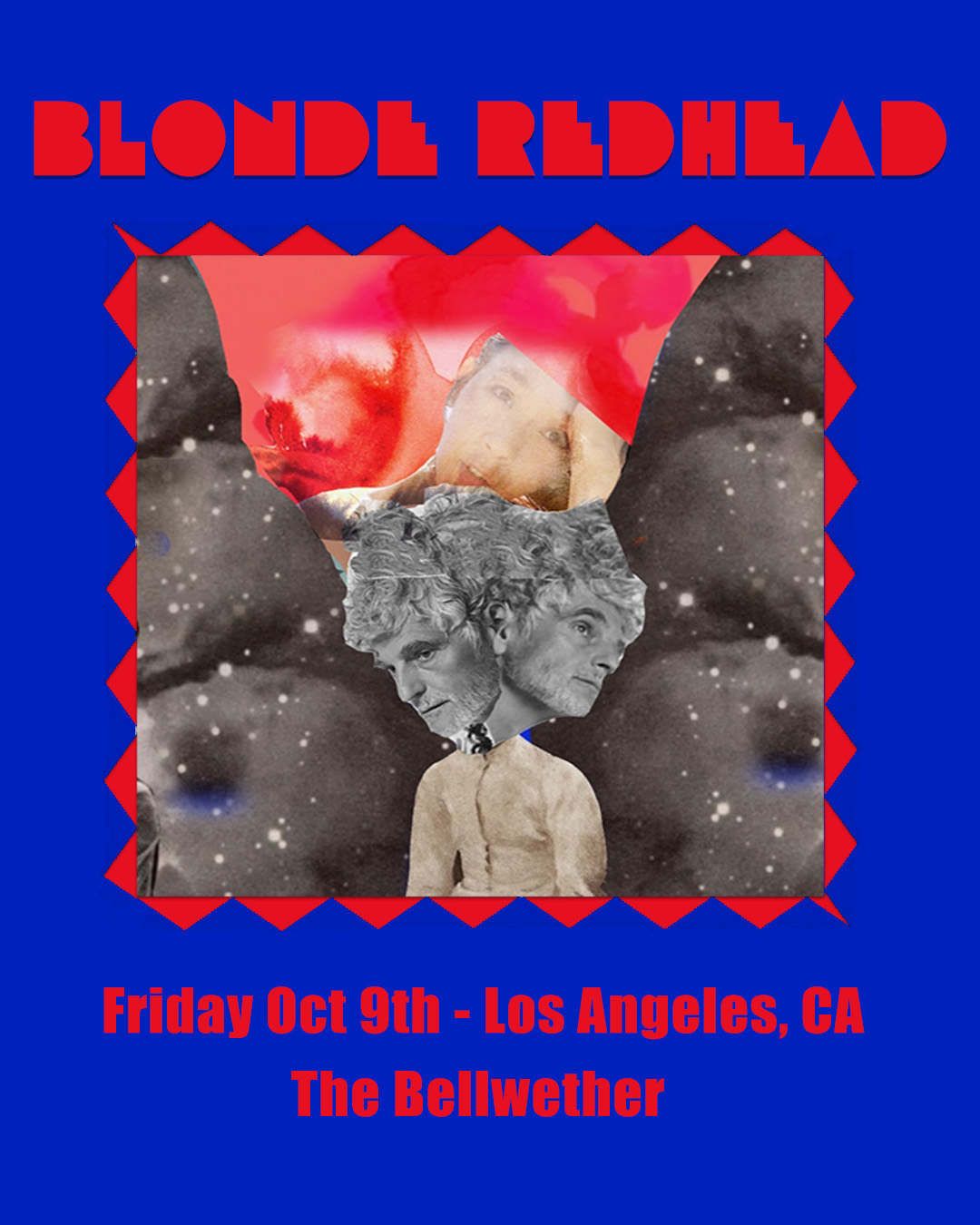 Blonde Redhead concert poster for Oct 9th at The Bellwether, LA, featuring surreal collage art on blue background.