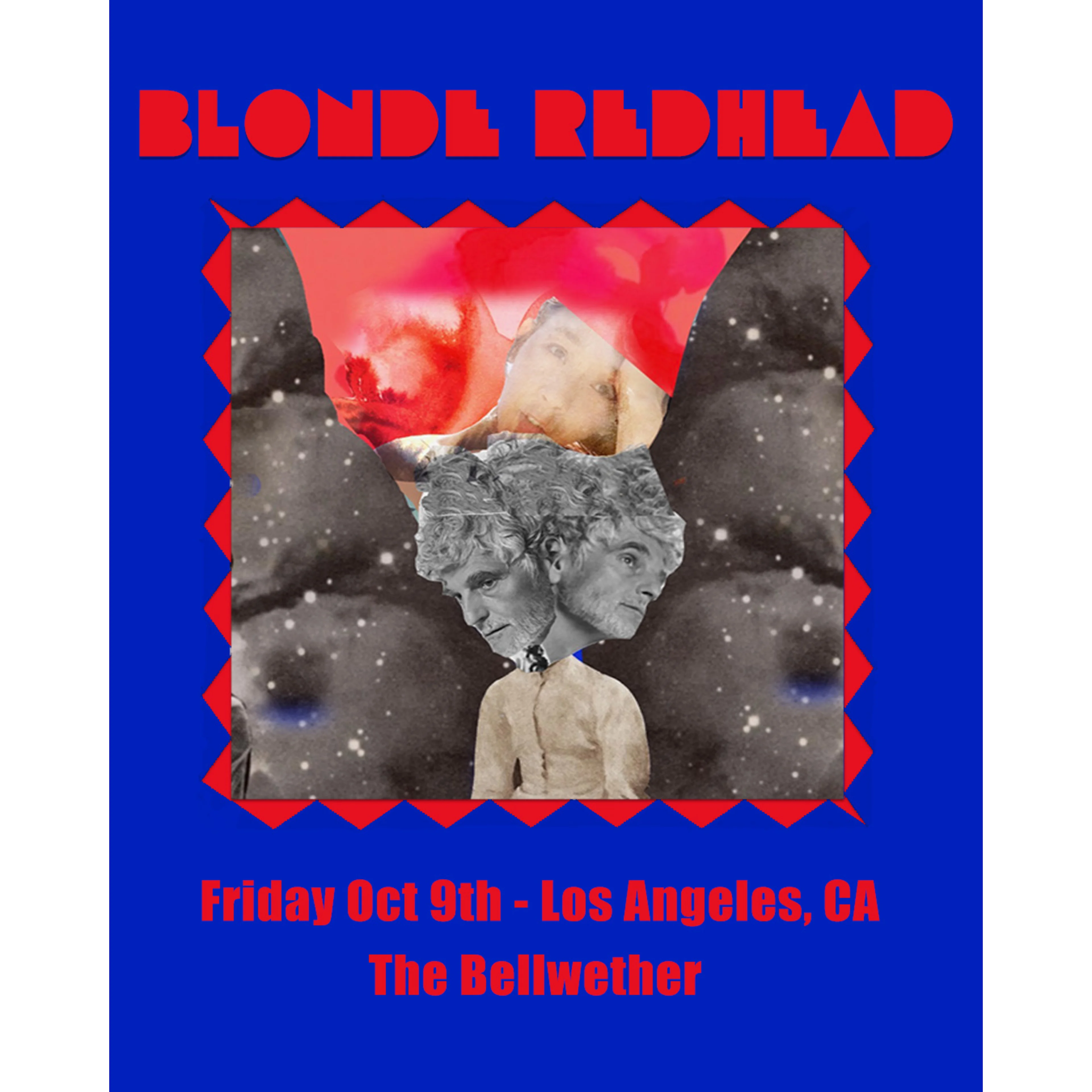 Blonde Redhead concert poster for Oct 9th at The Bellwether, LA, featuring surreal collage art on blue background.