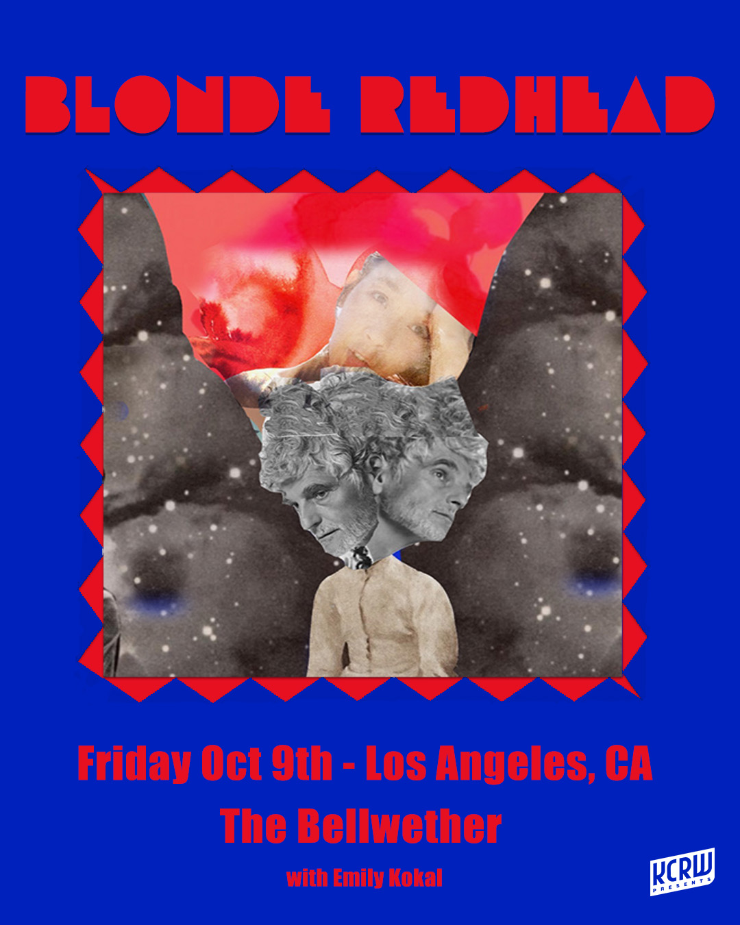Blonde Redhead concert poster for Oct 9th at The Bellwether, LA, featuring surreal collage art on blue background.