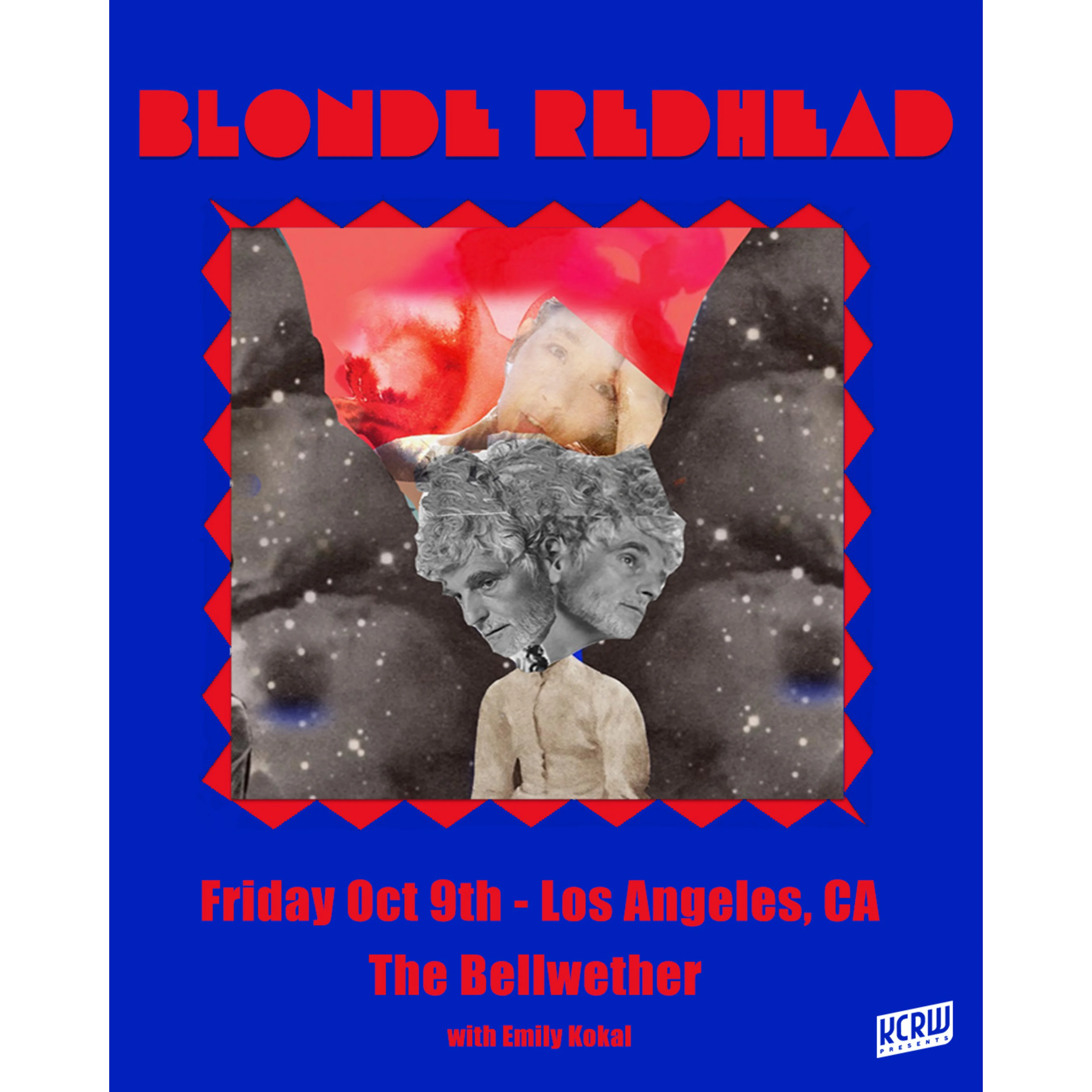 Blonde Redhead concert poster for Oct 9th at The Bellwether, LA, featuring surreal collage art on blue background.