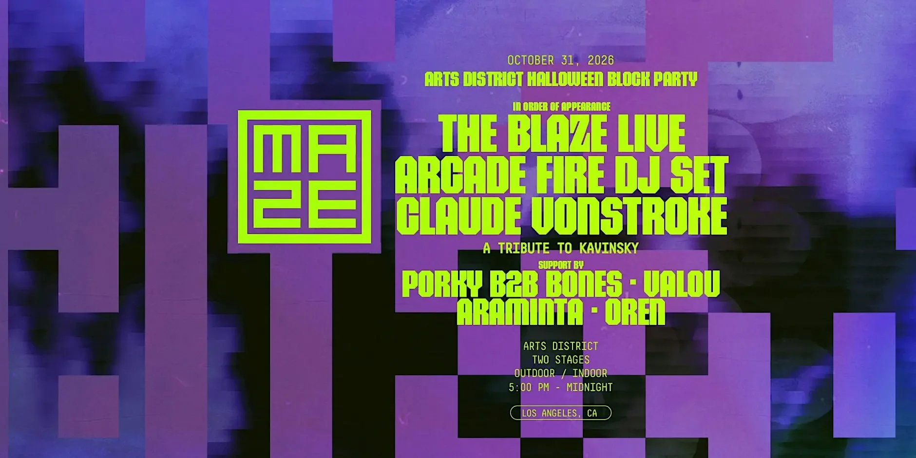 Event flyer for Maze Arts District Halloween Block Party on October 31, 2026, featuring neon green text on a purple background.