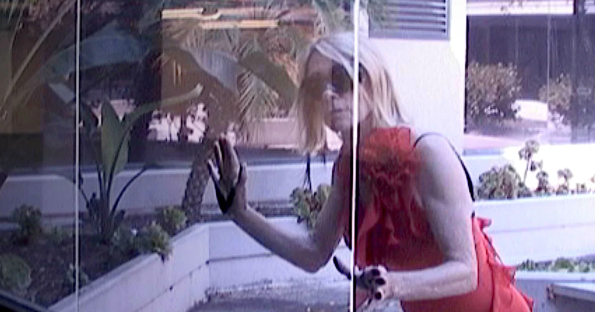 Kim Gordon in red outfit and sunglasses looking through glass door with plants visible in background, appears to be entering a building.