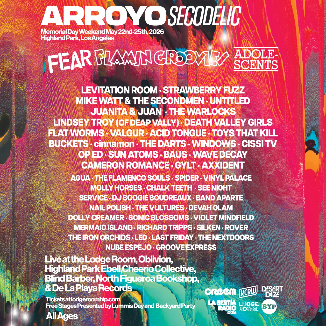 Arroyo Secodelic music festival poster with colorful psychedelic background listing bands for Memorial Day Weekend 2026 in Highland Park, LA.