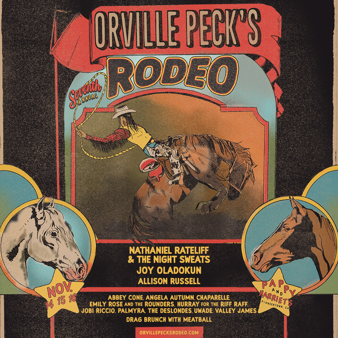 Vintage-style poster for Orville Peck's Seventh Annual Rodeo featuring a cowboy riding a bucking horse with performer names listed.