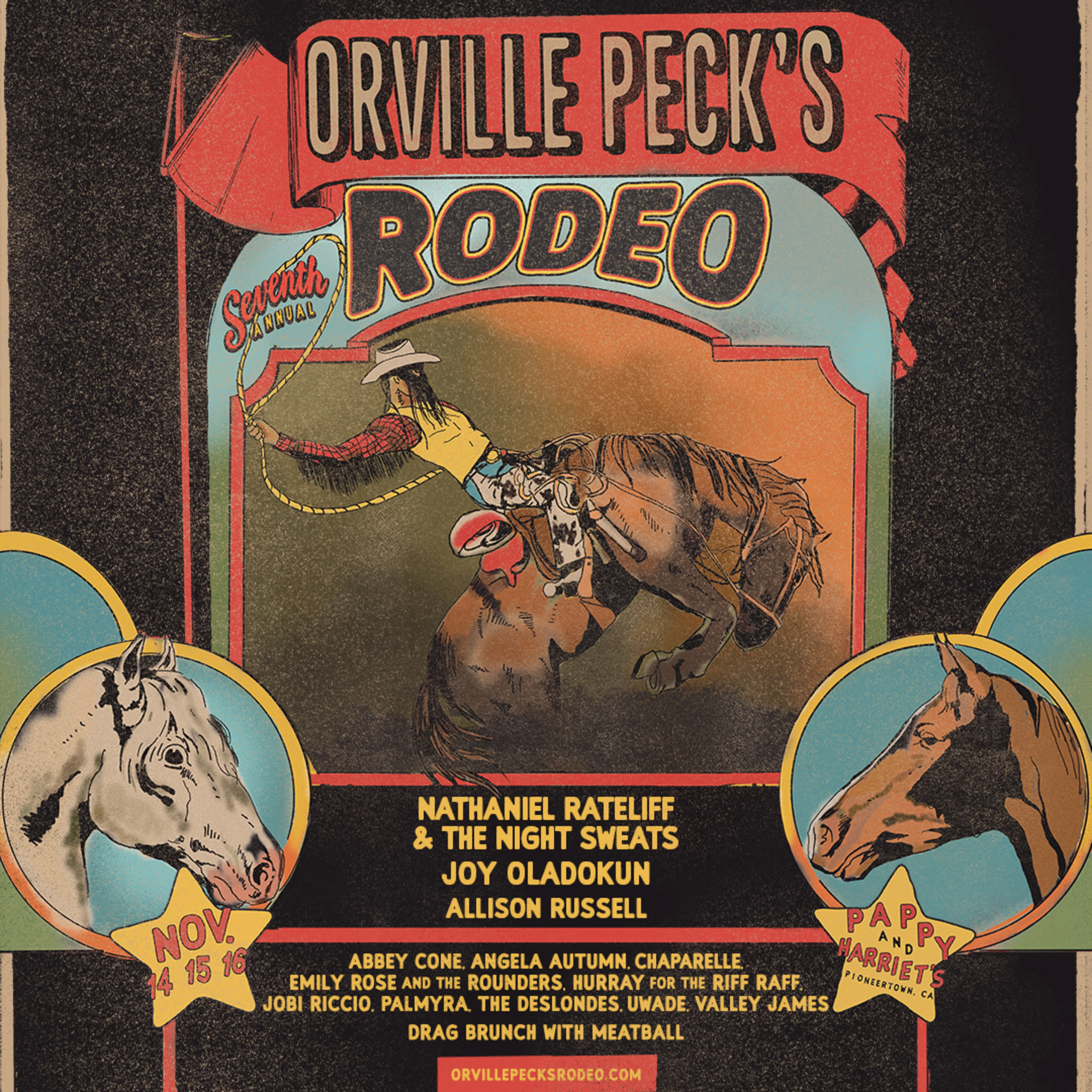 Vintage-style poster for Orville Peck's Seventh Annual Rodeo featuring a cowboy riding a bucking horse with performer names listed.