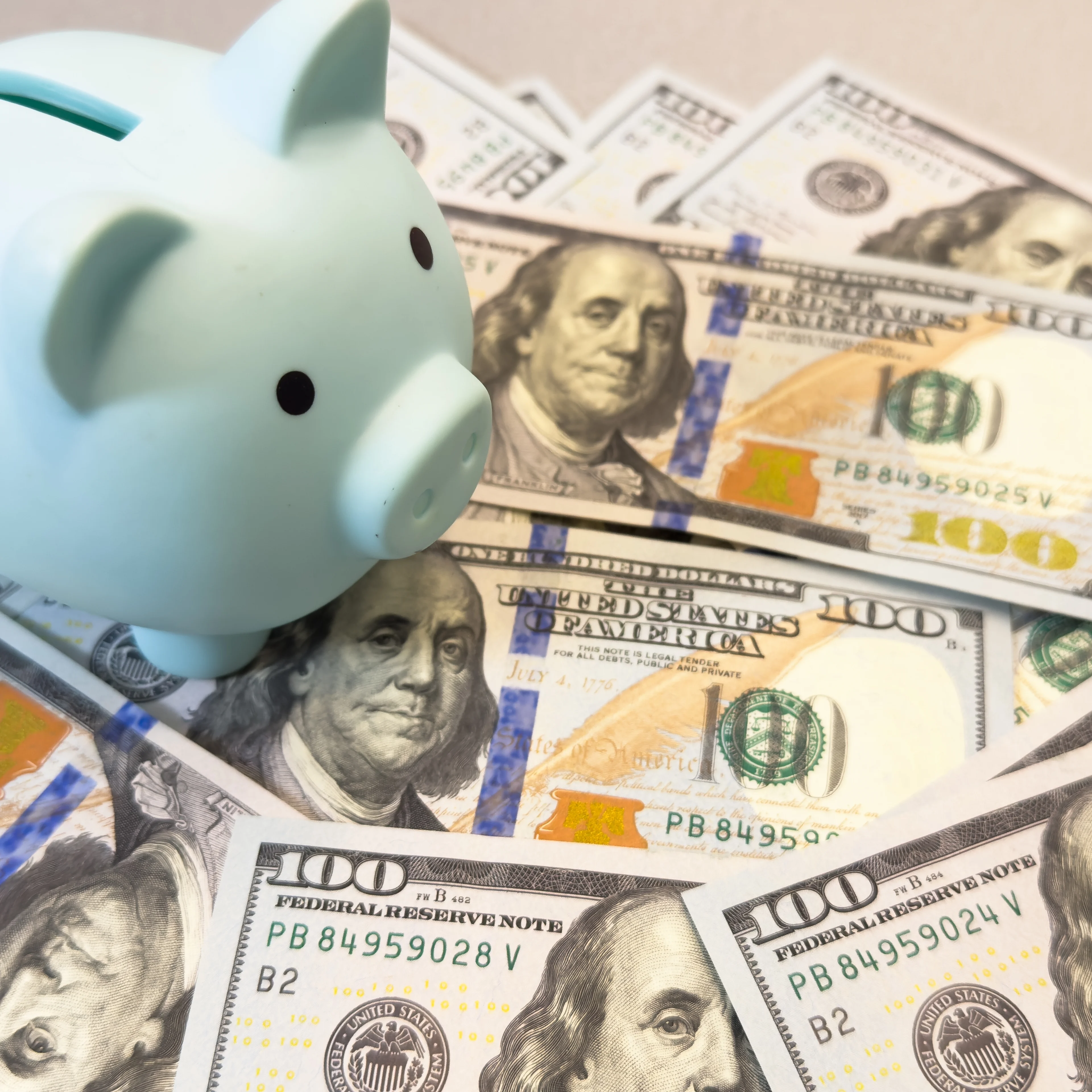 A blue piggy bank sits on a spread of 100 dollar bills