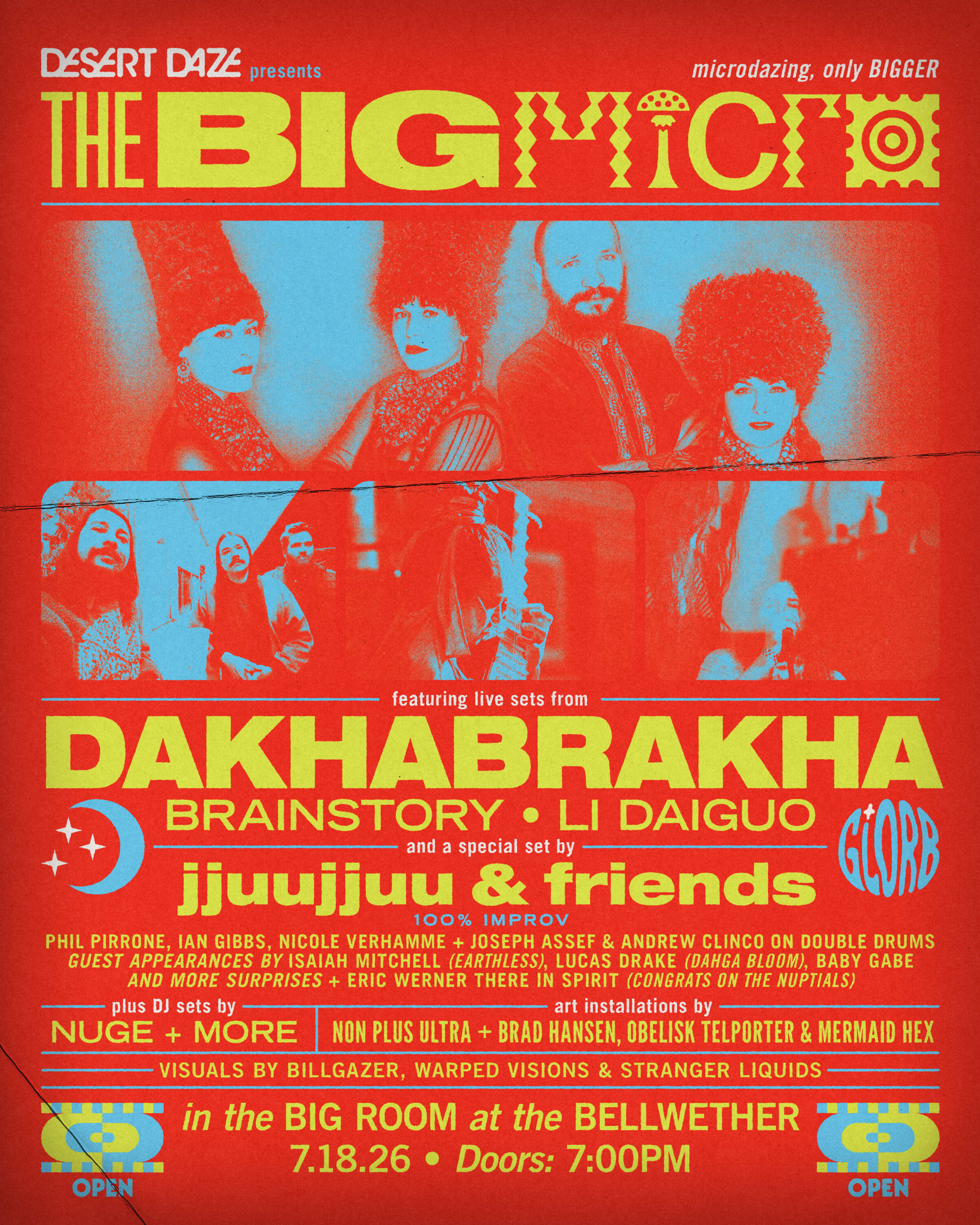 Red concert poster for Desert Daze presents The Big Micro, featuring band photos and yellow text listing performers.