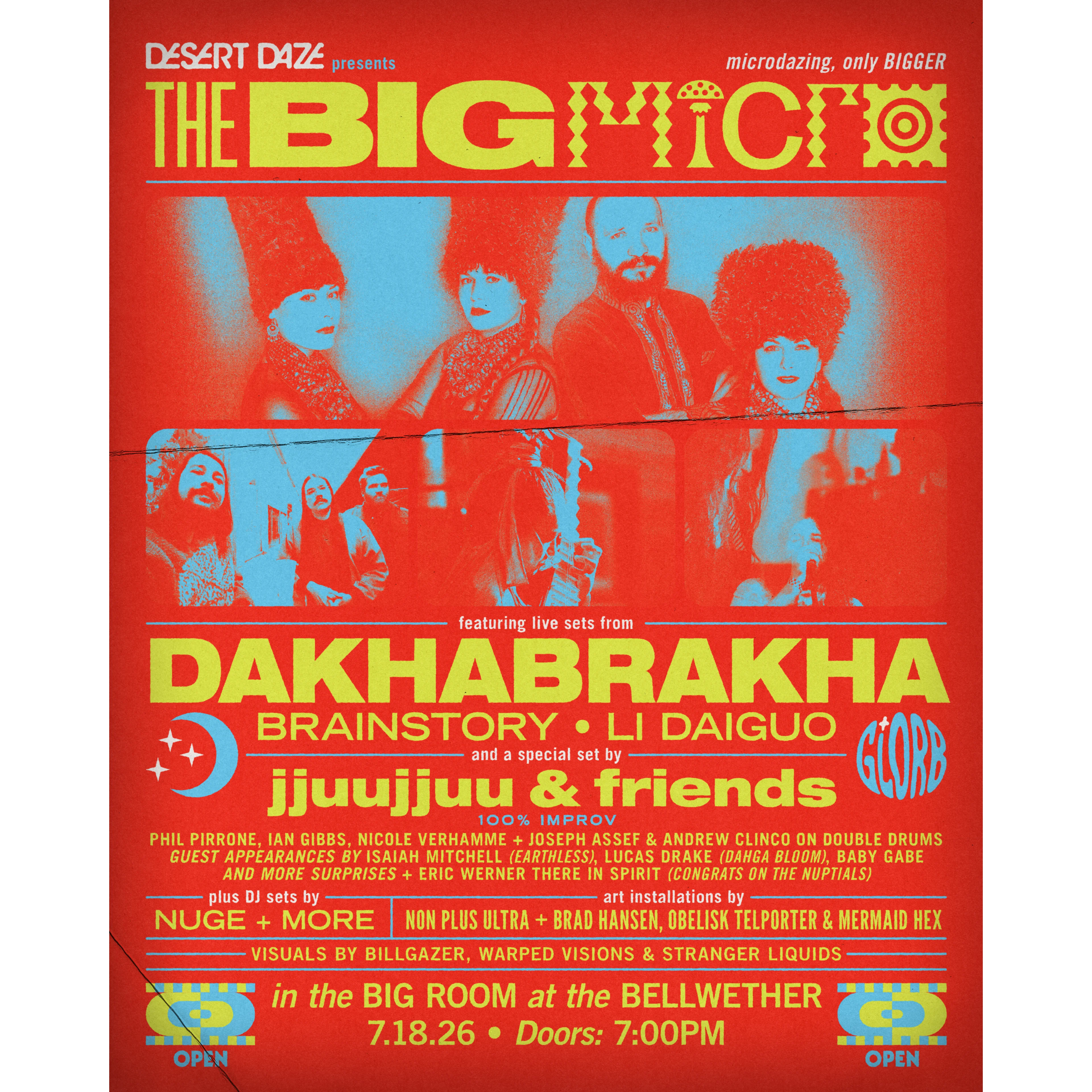 Red concert poster for Desert Daze presents The Big Micro, featuring band photos and yellow text listing performers.