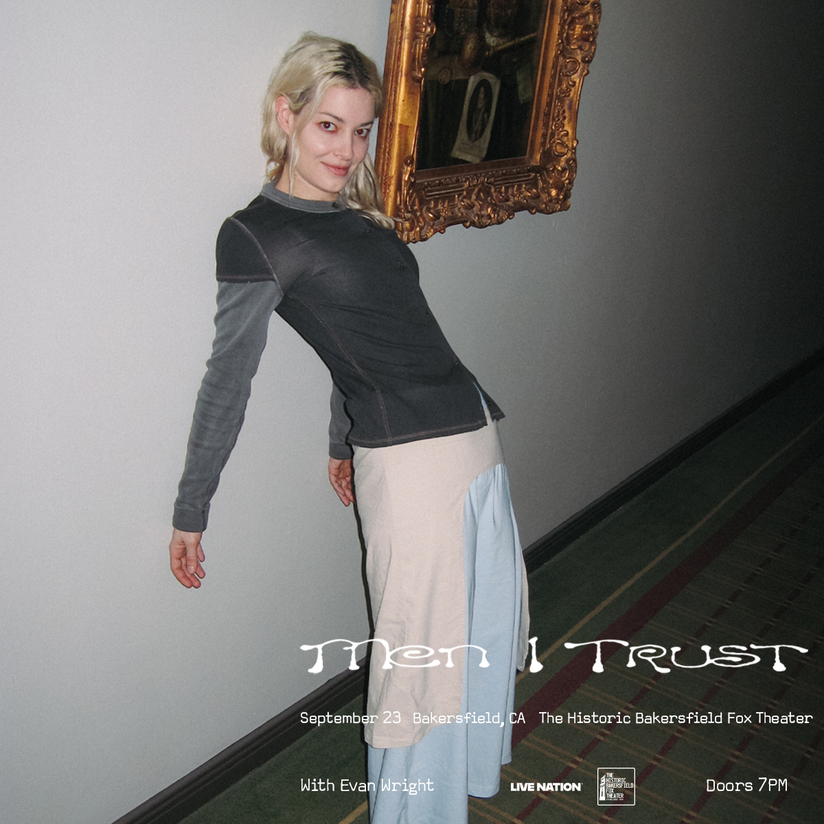 Men I Trust concert poster featuring lead singer posing in a hallway, September 23 at Historic Bakersfield Fox Theater.
