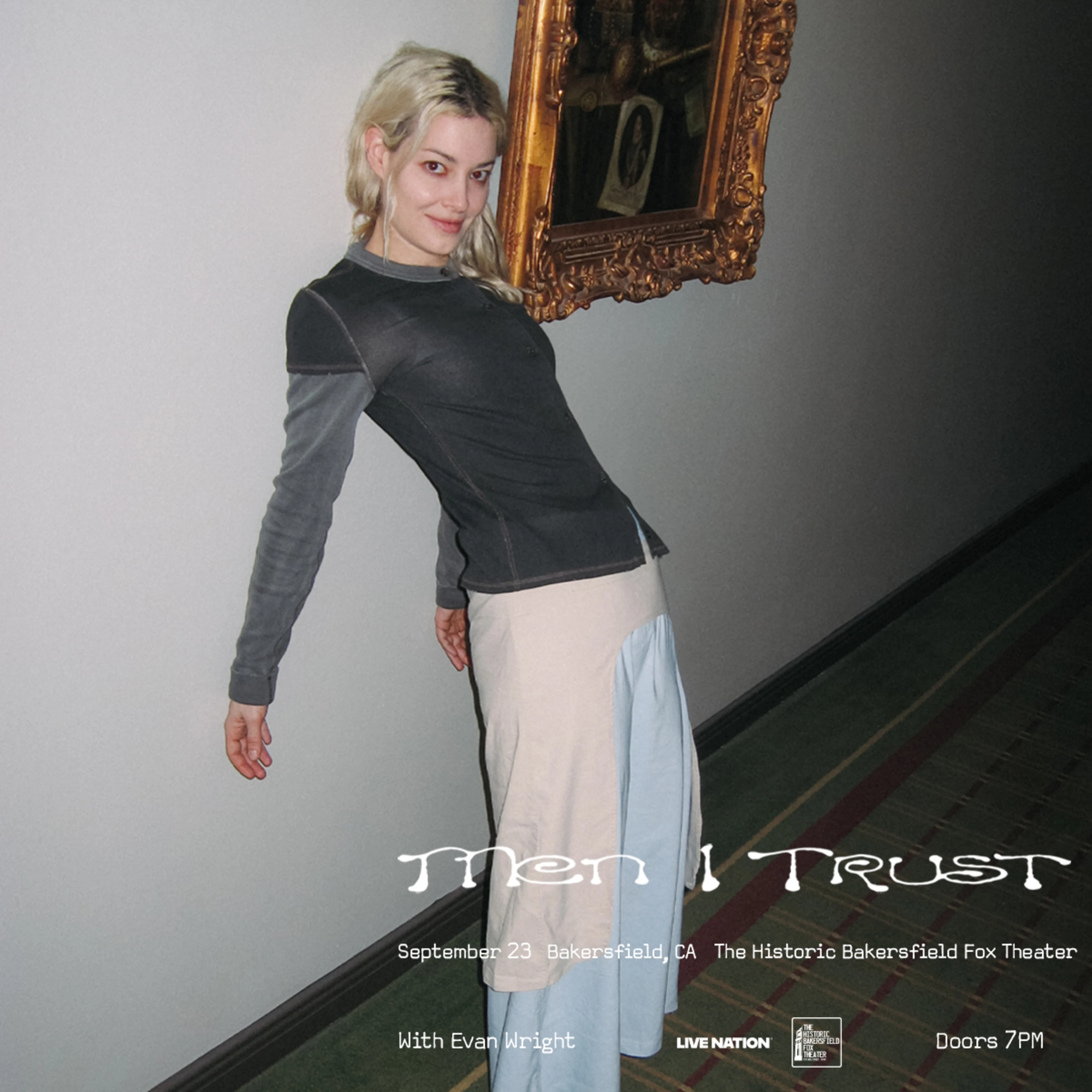 Men I Trust concert poster featuring lead singer posing in a hallway, September 23 at Historic Bakersfield Fox Theater.