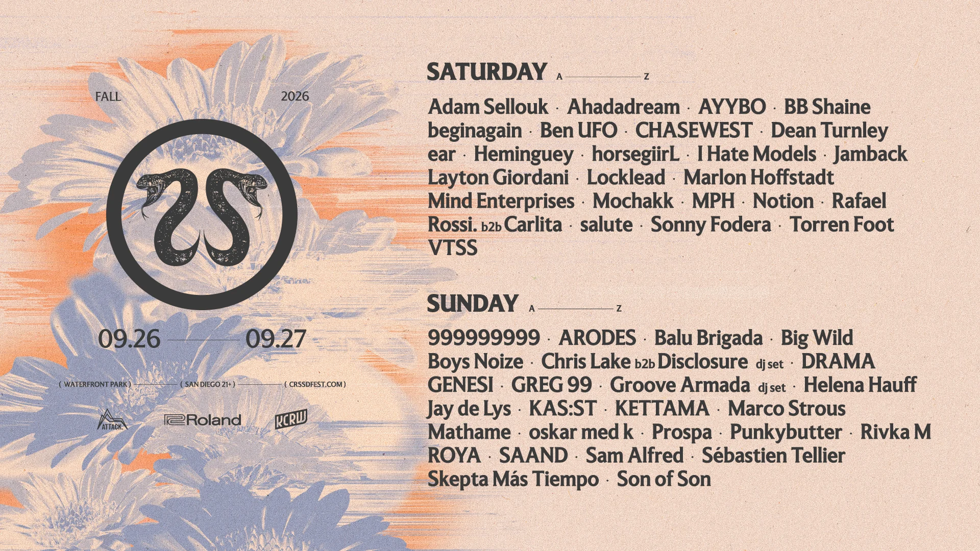 CRSSD Festival Fall 2026 lineup poster for Sept 26-27 at Waterfront Park, San Diego, featuring floral art and snake logo.