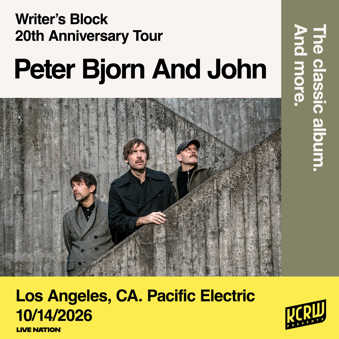 Peter Bjorn and John Writer's Block 20th Anniversary Tour concert poster for Pacific Electric, Los Angeles on 10/14/2026.