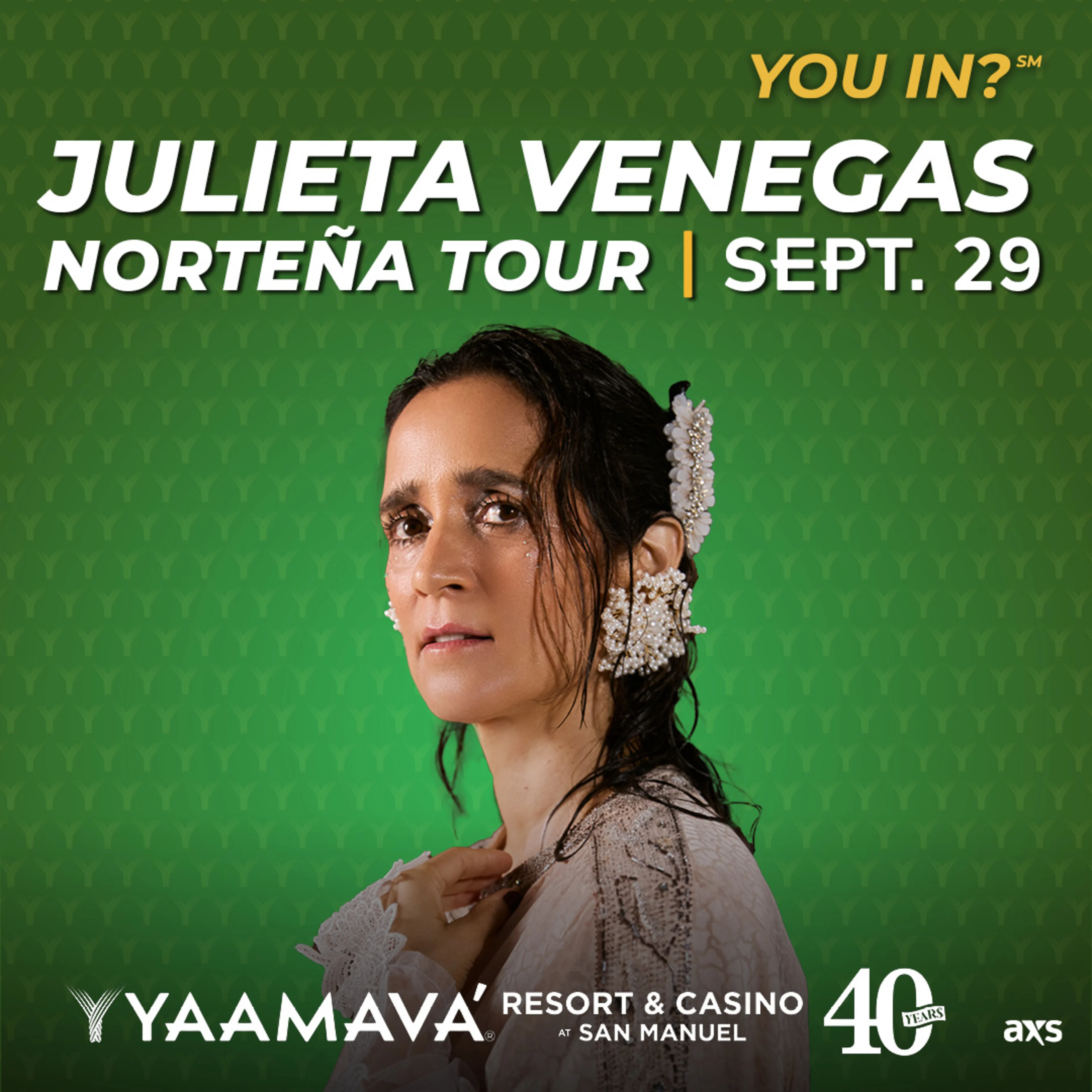 Julieta Venegas Norteña Tour on Sept. 29 at Yaamava Resort & Casino, featuring a woman with floral hair accessories.