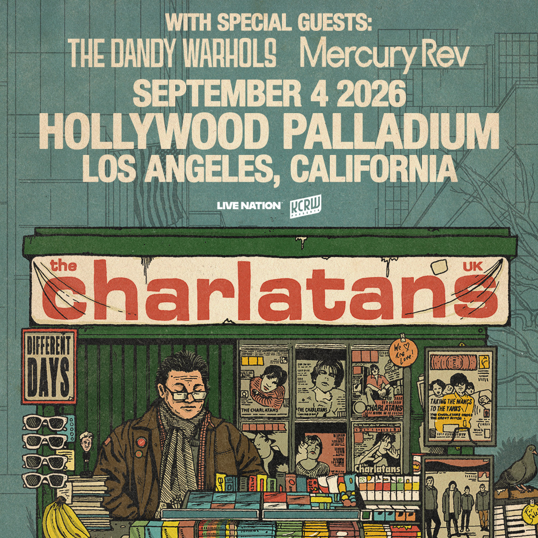 Concert poster for The Charlatans UK at Hollywood Palladium, September 4, 2026, featuring illustrated newsstand artwork.