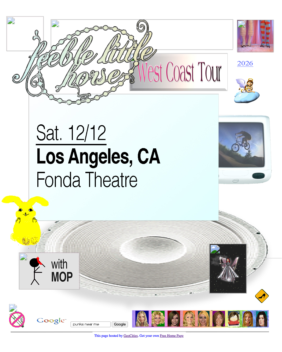 Feeble Little Horse West Coast Tour flyer for Sat. 12/12 at Fonda Theatre, Los Angeles, CA, with MOP, styled like a retro webpage.