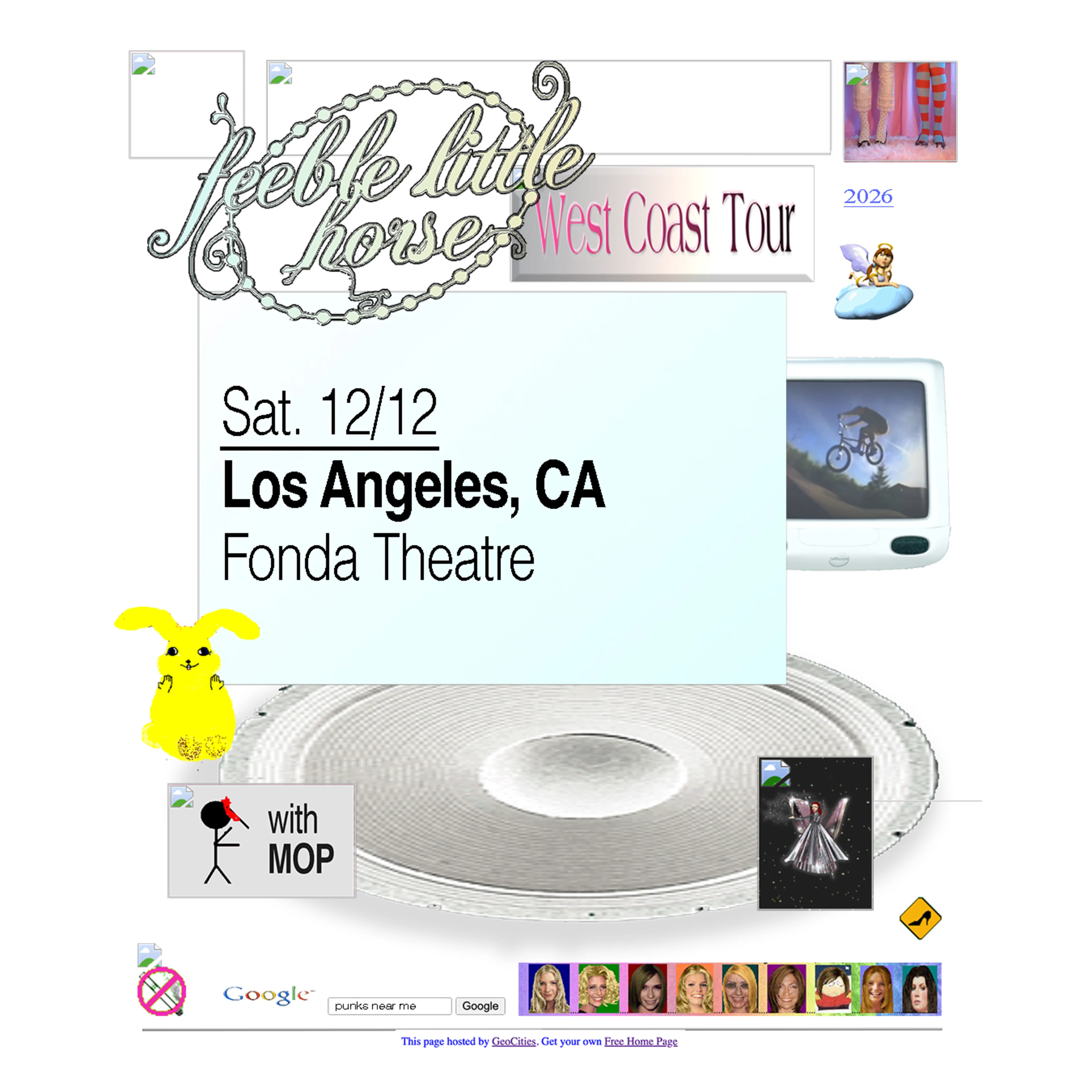 Feeble Little Horse West Coast Tour flyer for Sat. 12/12 at Fonda Theatre, Los Angeles, CA, with MOP, styled like a retro webpage.