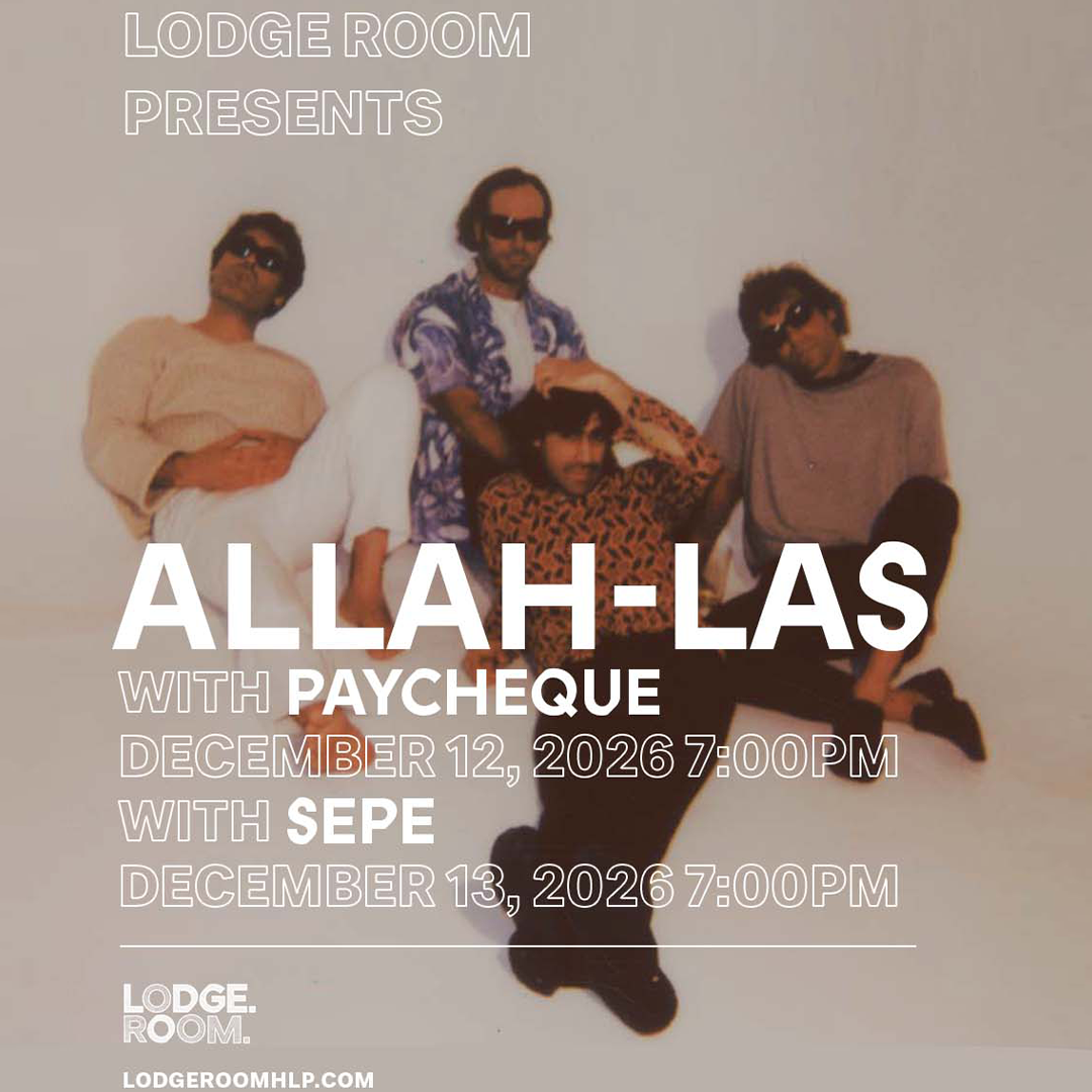 Lodge Room presents Allah-Las concert poster featuring four men in sunglasses, with show dates December 12-13, 2026.