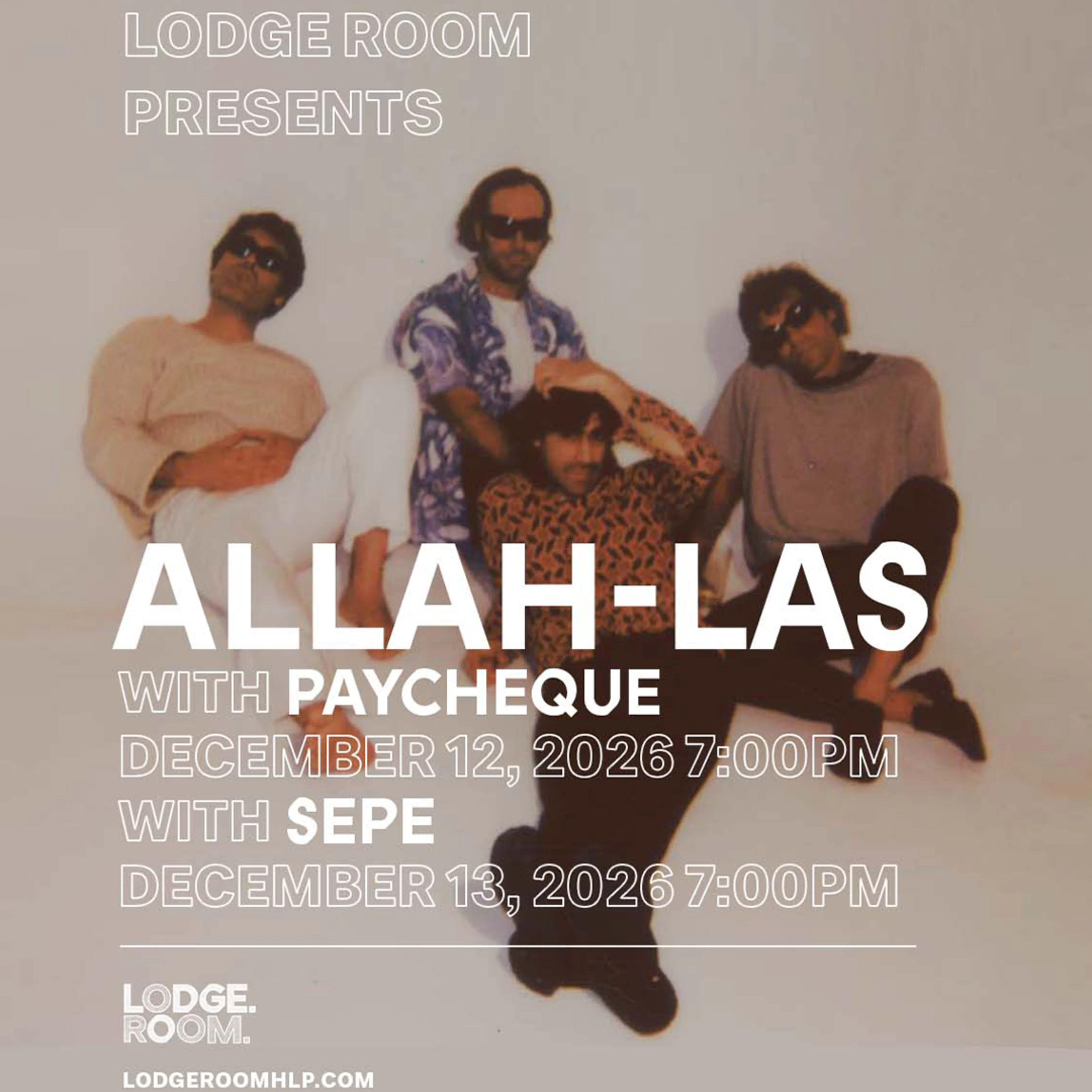 Lodge Room presents Allah-Las concert poster featuring four men in sunglasses, with show dates December 12-13, 2026.