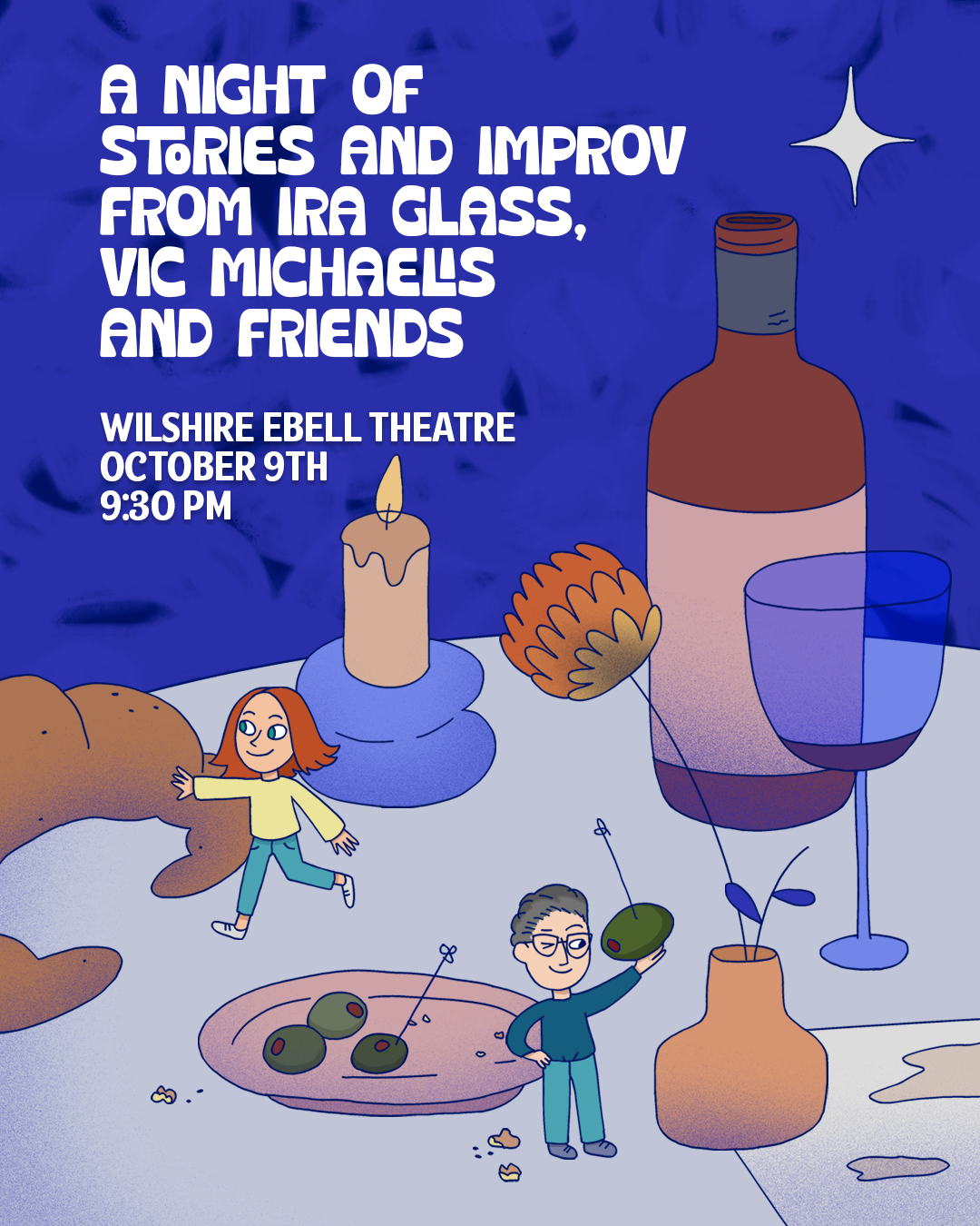 Event poster for a night of stories and improv at Wilshire Ebell Theatre, October 9th, featuring cartoon figures among oversized table items.