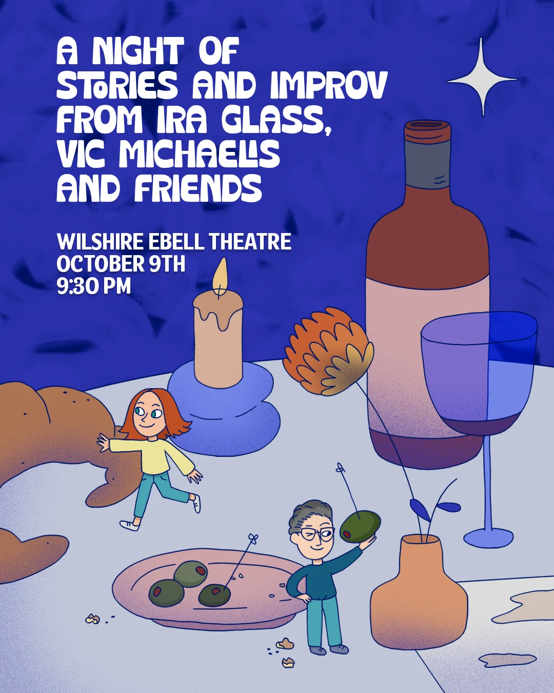 Event poster for a night of stories and improv at Wilshire Ebell Theatre, October 9th, featuring cartoon figures among oversized table items.
