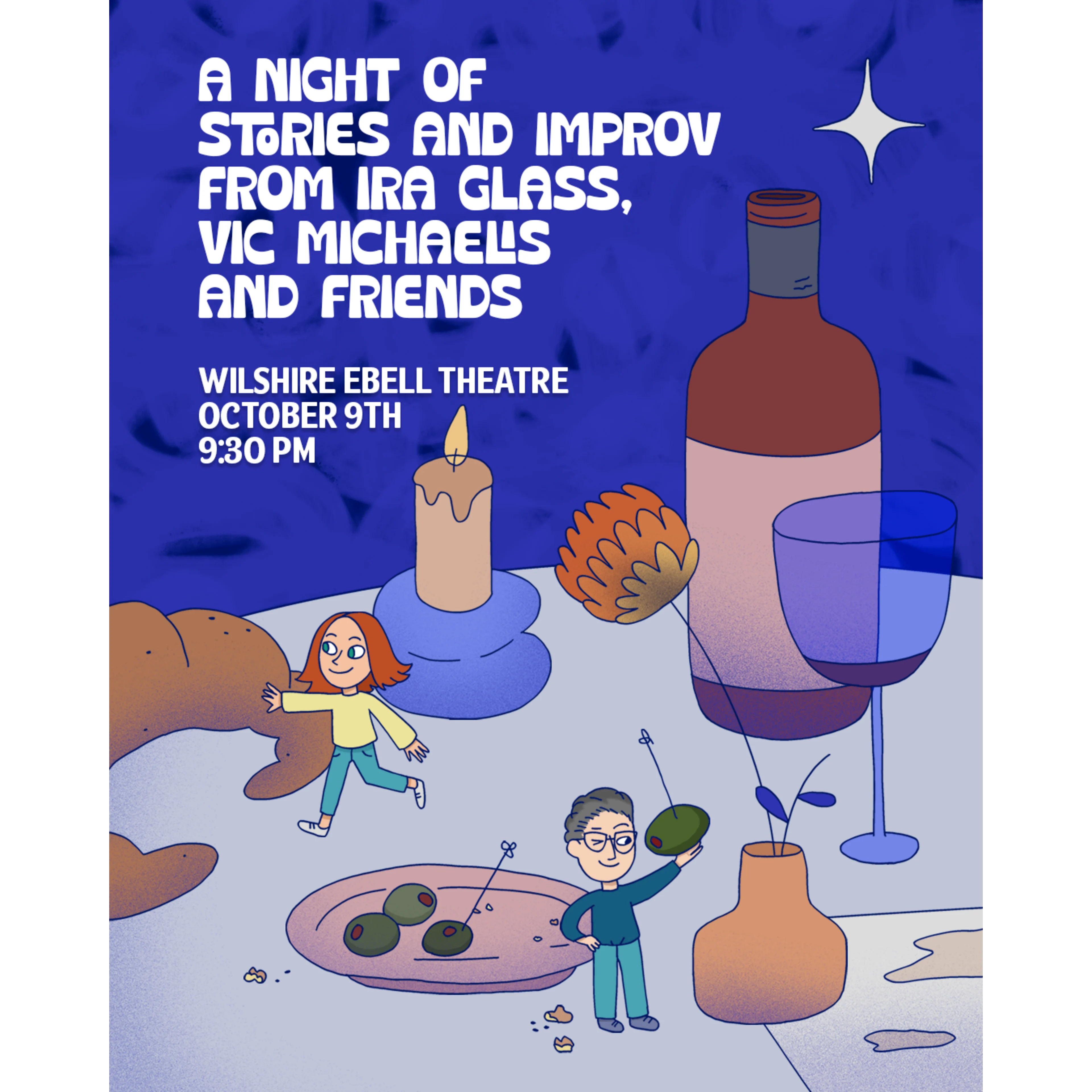 Event poster for a night of stories and improv at Wilshire Ebell Theatre, October 9th, featuring cartoon figures among oversized table items.