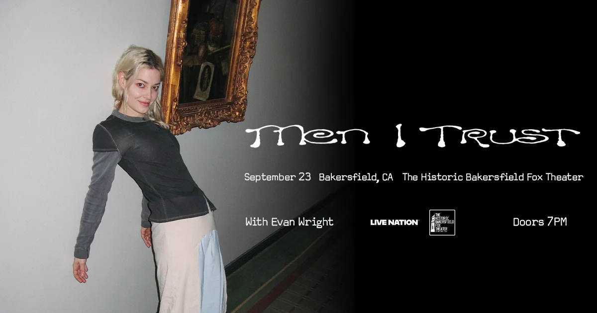 Men I Trust concert poster featuring a blonde woman posing by a gold-framed painting, September 23, Bakersfield, CA.
