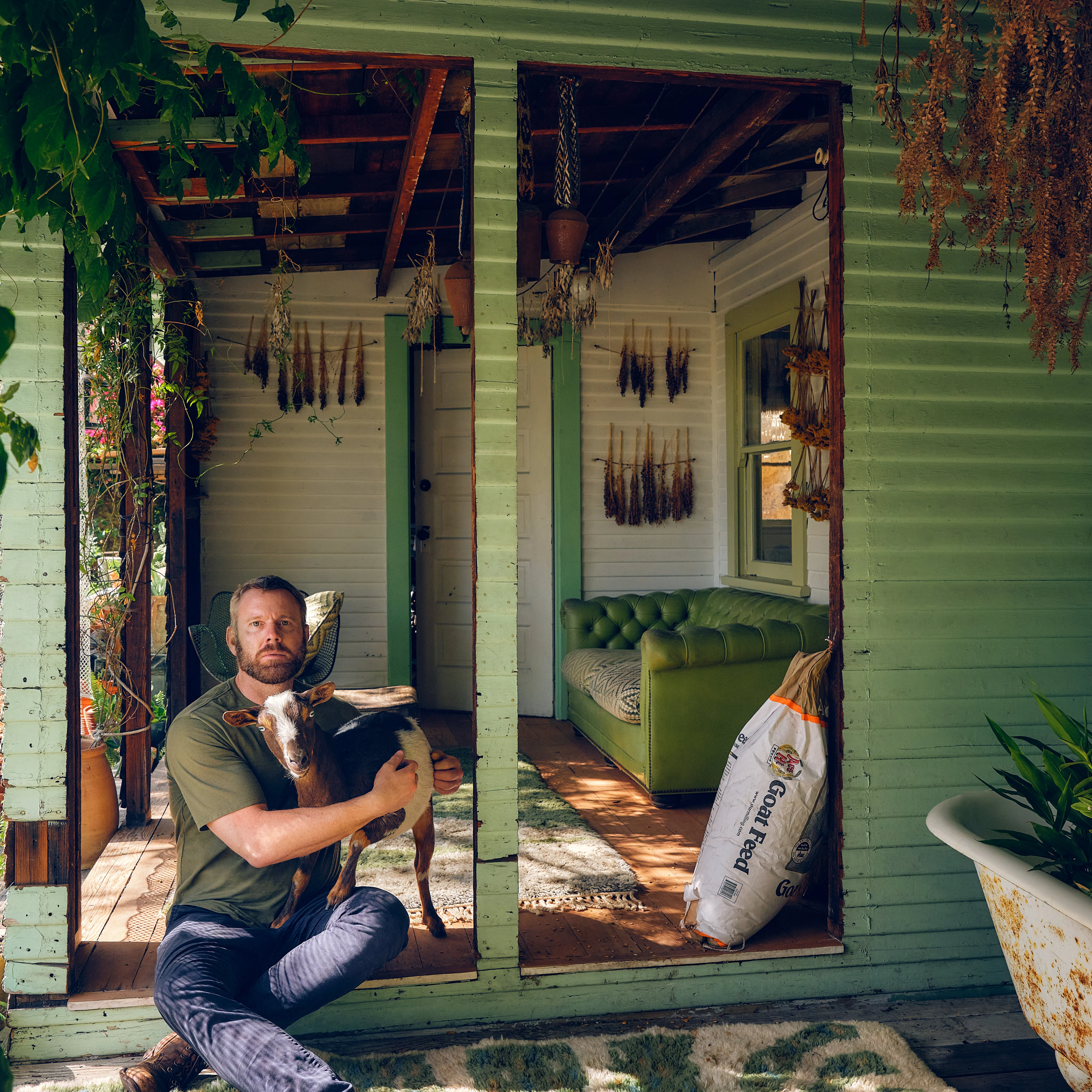 A man sits on a green porch holding a small goat, with dried herbs hanging and a bag of goat feed nearby.
