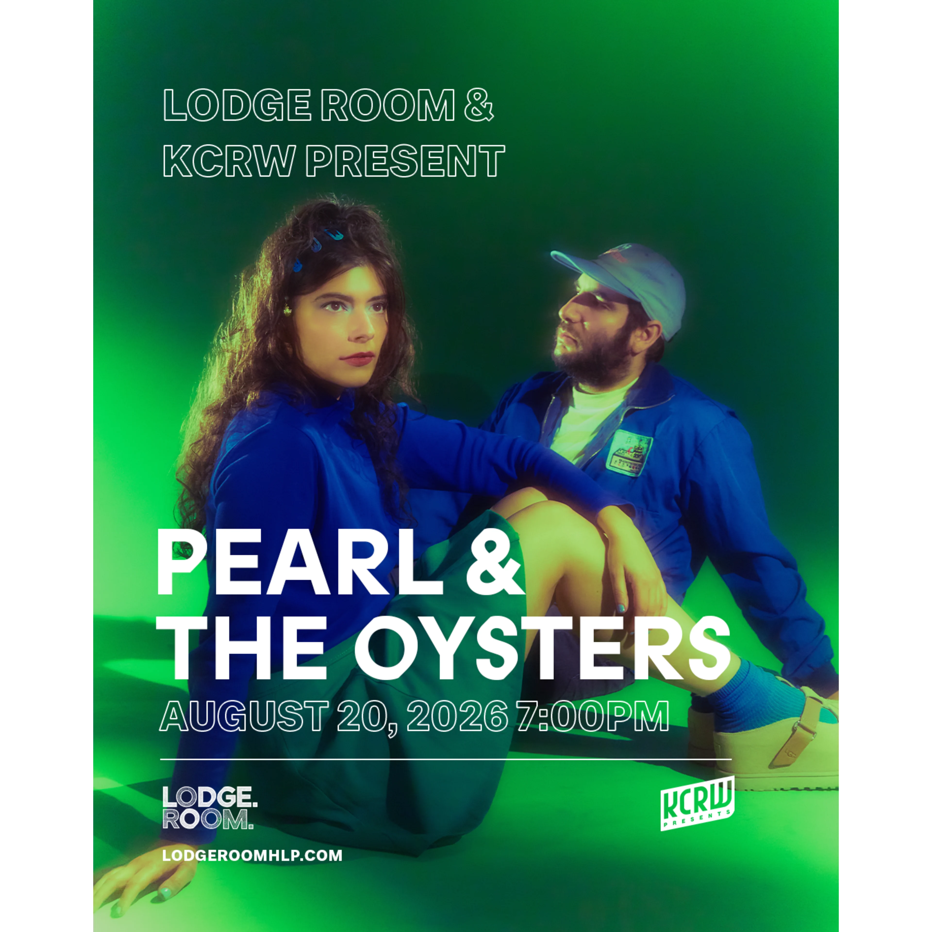 Event poster for Pearl & The Oysters at Lodge Room, August 20, 2026, featuring two people in blue jackets on a green background.