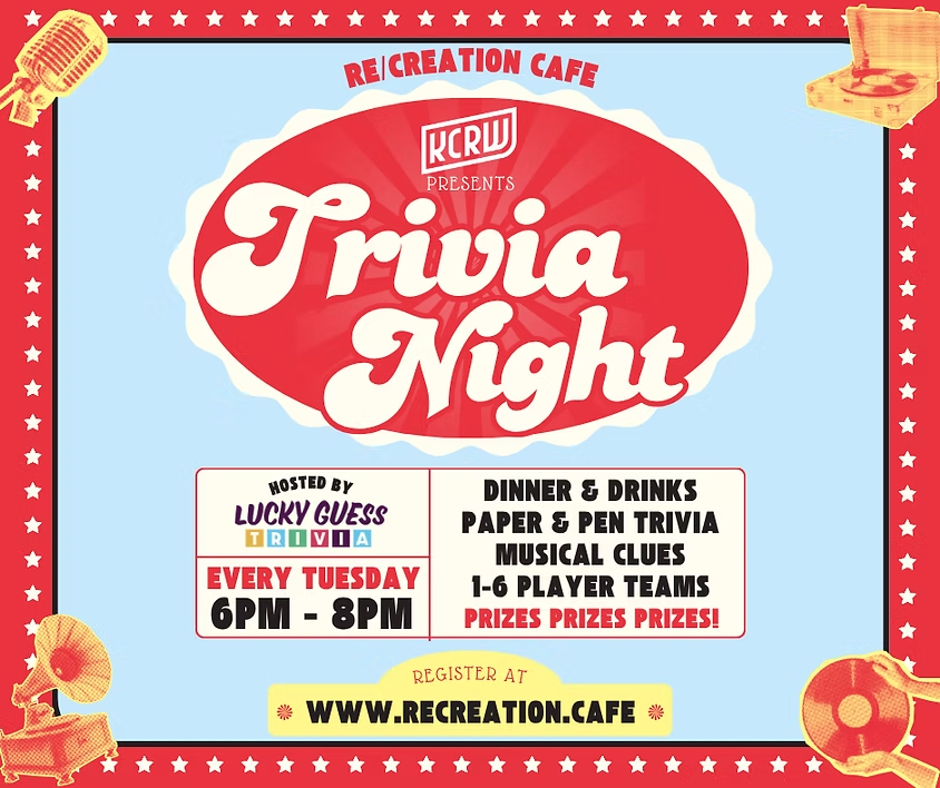 Colorful poster for Re/creation Cafe Trivia Night, starting October 28th, Tuesdays 6-8PM, featuring prizes and team play.
