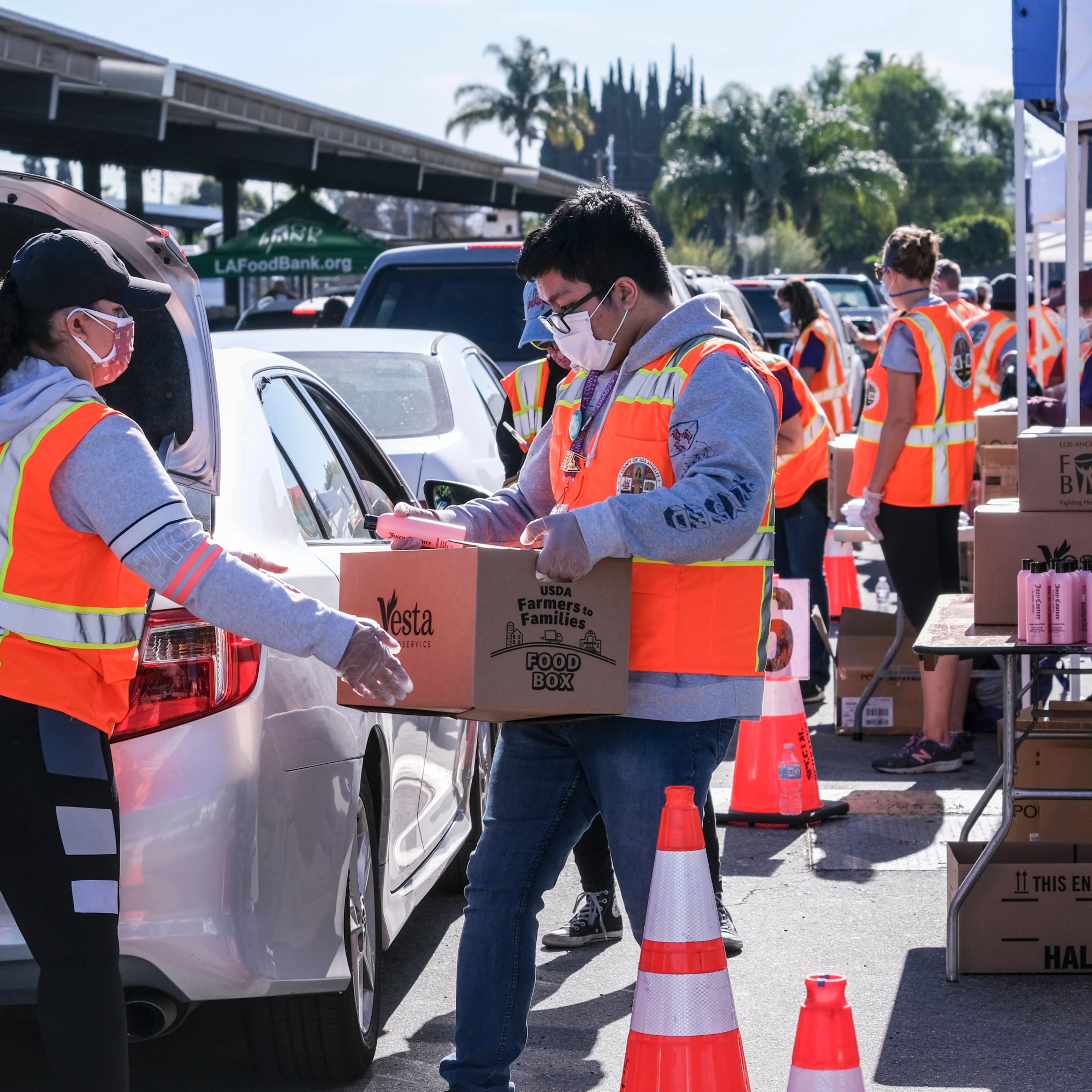 Multiple volunteers put a box of food in the trunk of a car during a drive-through food bank distribution event.