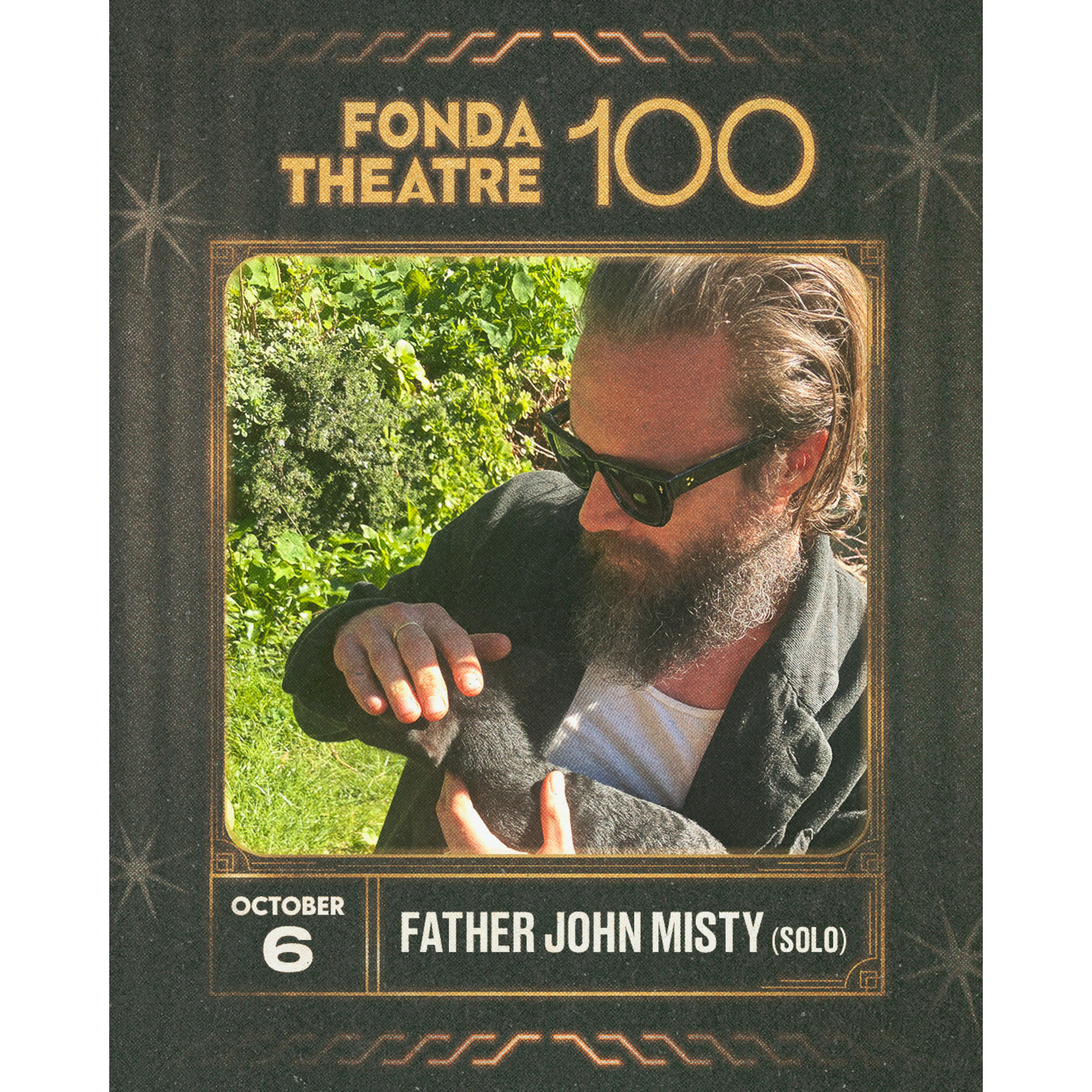 Father John Misty (Solo) performing at Fonda Theatre 100 on October 6; bearded man with sunglasses holds a small animal outdoors.