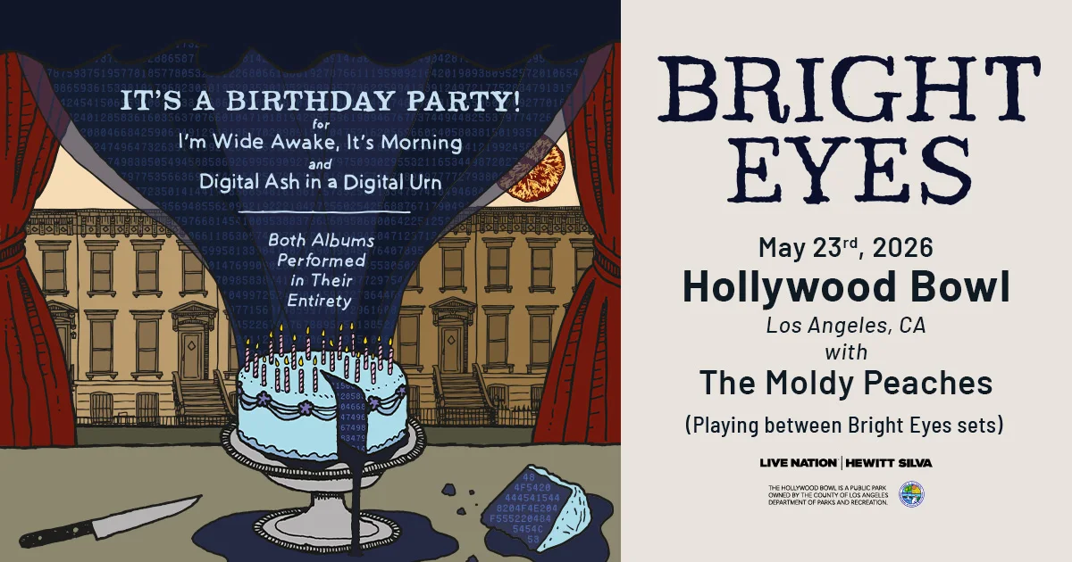 Concert poster for Bright Eyes performing at Hollywood Bowl on May 23, 2026, with The Moldy Peaches and a birthday cake graphic.